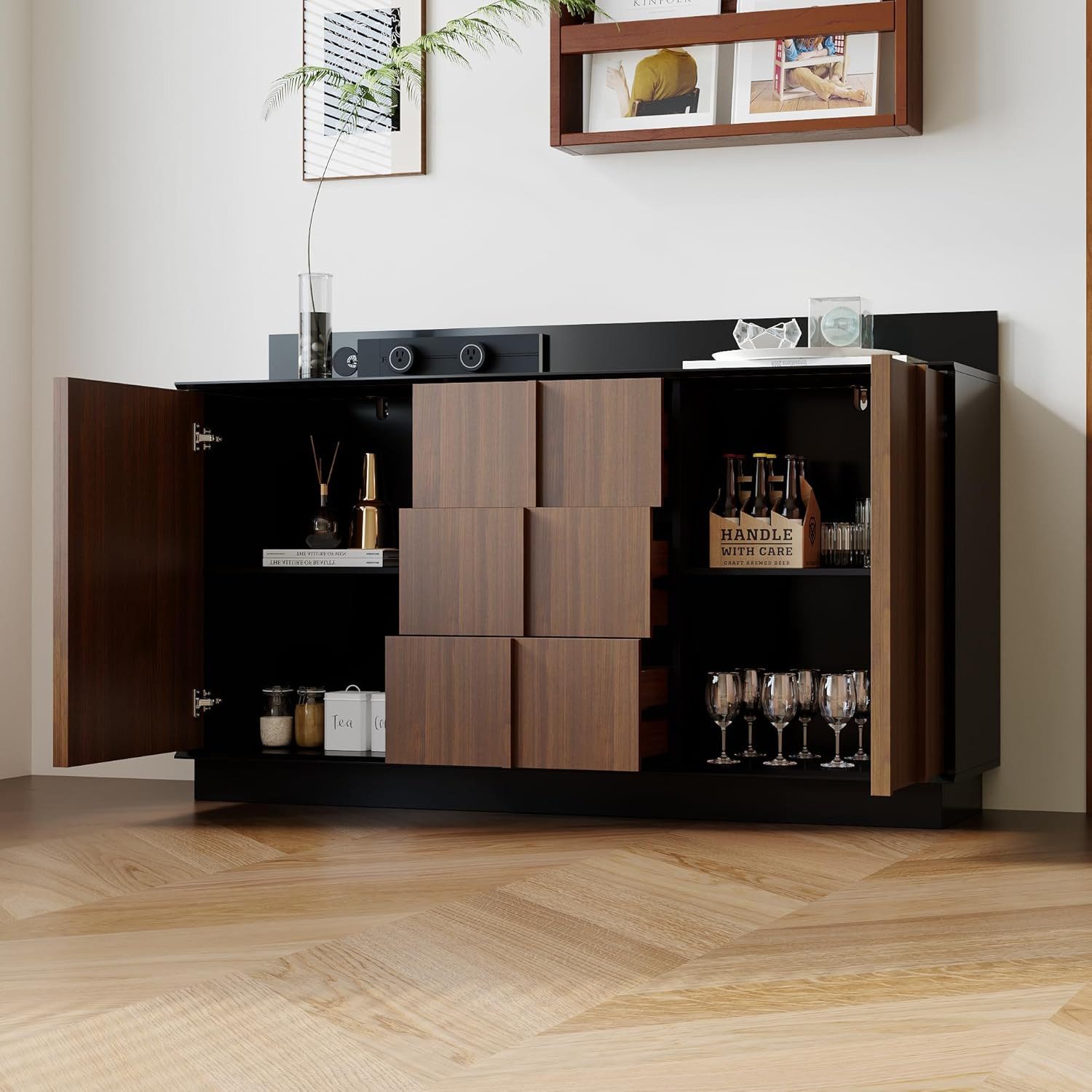 FUFU&GAGA Sideboard 150cm Braun Schwarz Kaffeeschrank Stromschienen-System