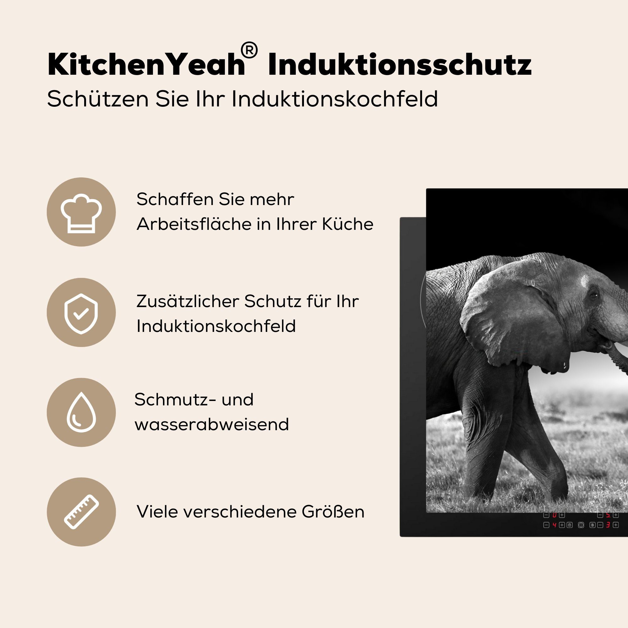 MuchoWow Herdblende-/Abdeckplatte - Porträt Schwarz - 77x51 küche Elefant cm, - Arbeitsplatte für Landschaft, (1 tlg), und Tiere Vinyl, weiß Ceranfeldabdeckung, 