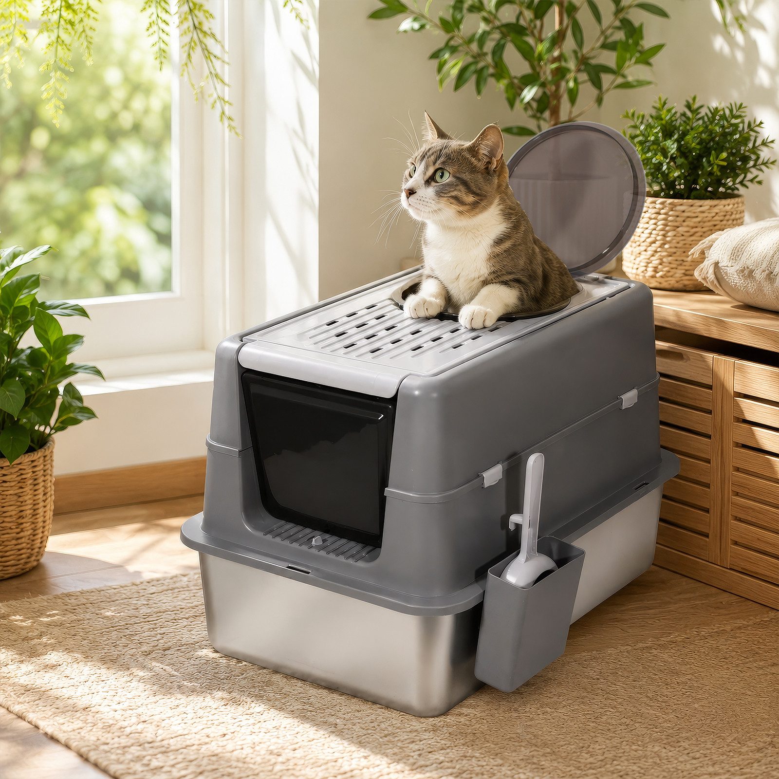 BlingBin Katzentoilette Katzenklo Edelstahl mit Deckel, XL Katzentoilette mit Streuschaufel, Katzentoilette mit Deckel und Schaufel, für Katzen bis 15 kg