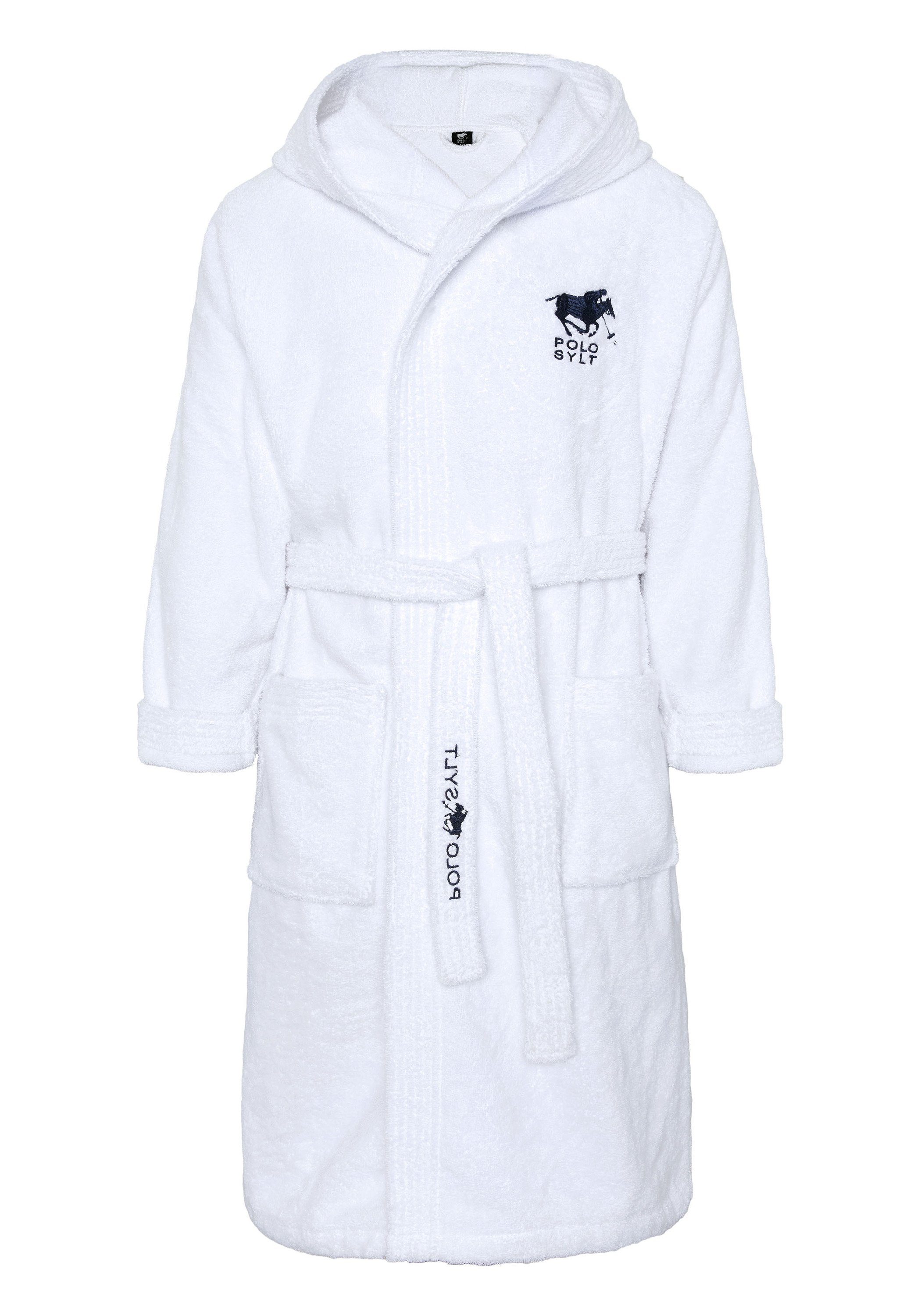 Polo Sylt Bademantel mit Logos, Gürtel und aufgesetzten Taschen, langform, Baumwolle, Gürtel weiß