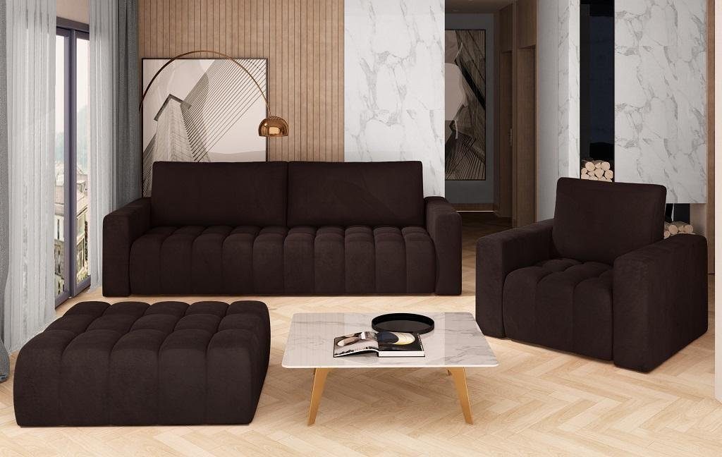 JVmoebel Wohnzimmer-Set Sofagarnitur 3+1 Sitzer Hocker Garnituren Samt Stoff 3tlg Wohnzimmer braun
