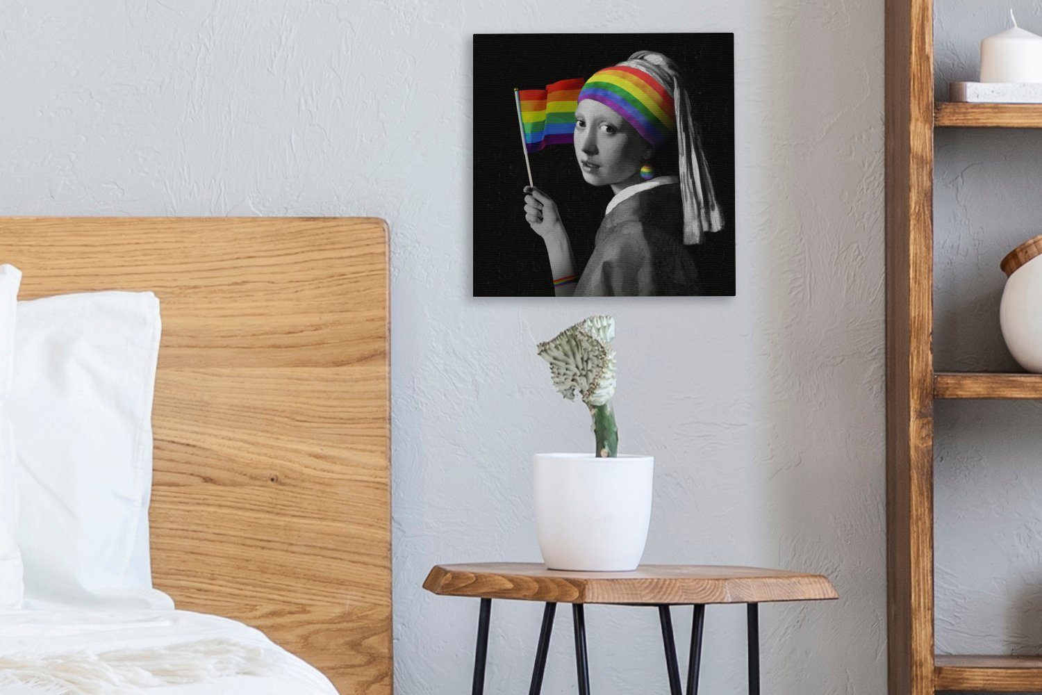 OneMillionCanvasses® Leinwandbild Das Mädchen - (1 Wohnzimmer Regenbogen, Flag Pride Bilder Leinwand dem mit für St), Schlafzimmer - Perlenohrring