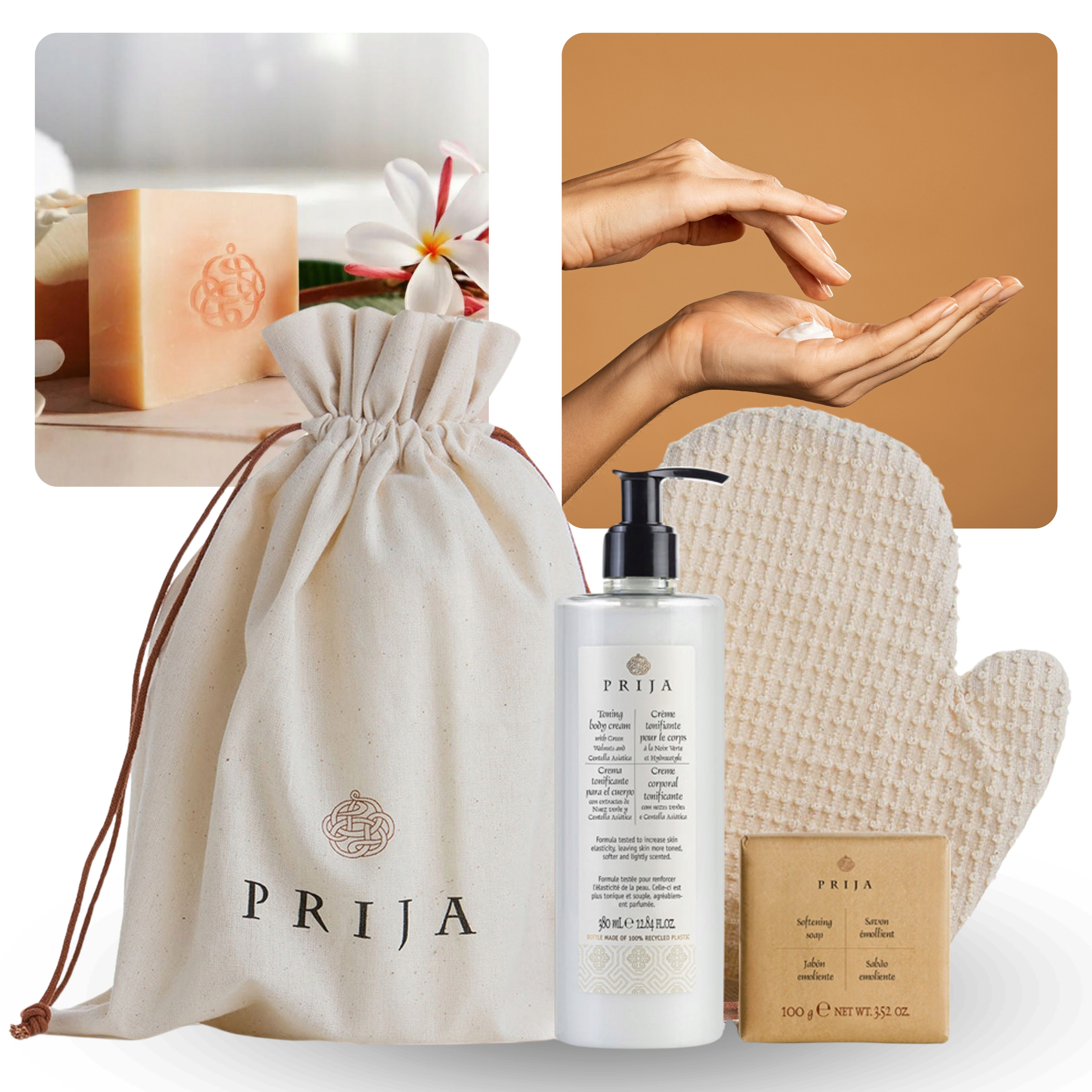 PRIJA Kosmetiktücher PRIJA feuchtigkeitsspendendes Set Körpercreme, Seife, Handschuh (4-St)