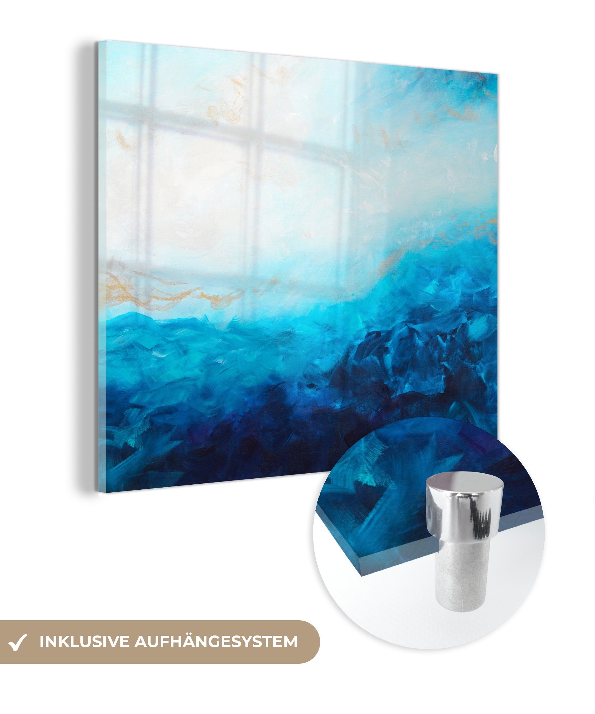 MuchoWow Acrylglasbild - Wanddekoration - Wandbild Glas Abstrakt auf Glasbilder - Blau Farbe, Bilder - Glas St), (1 Meer Foto - auf 