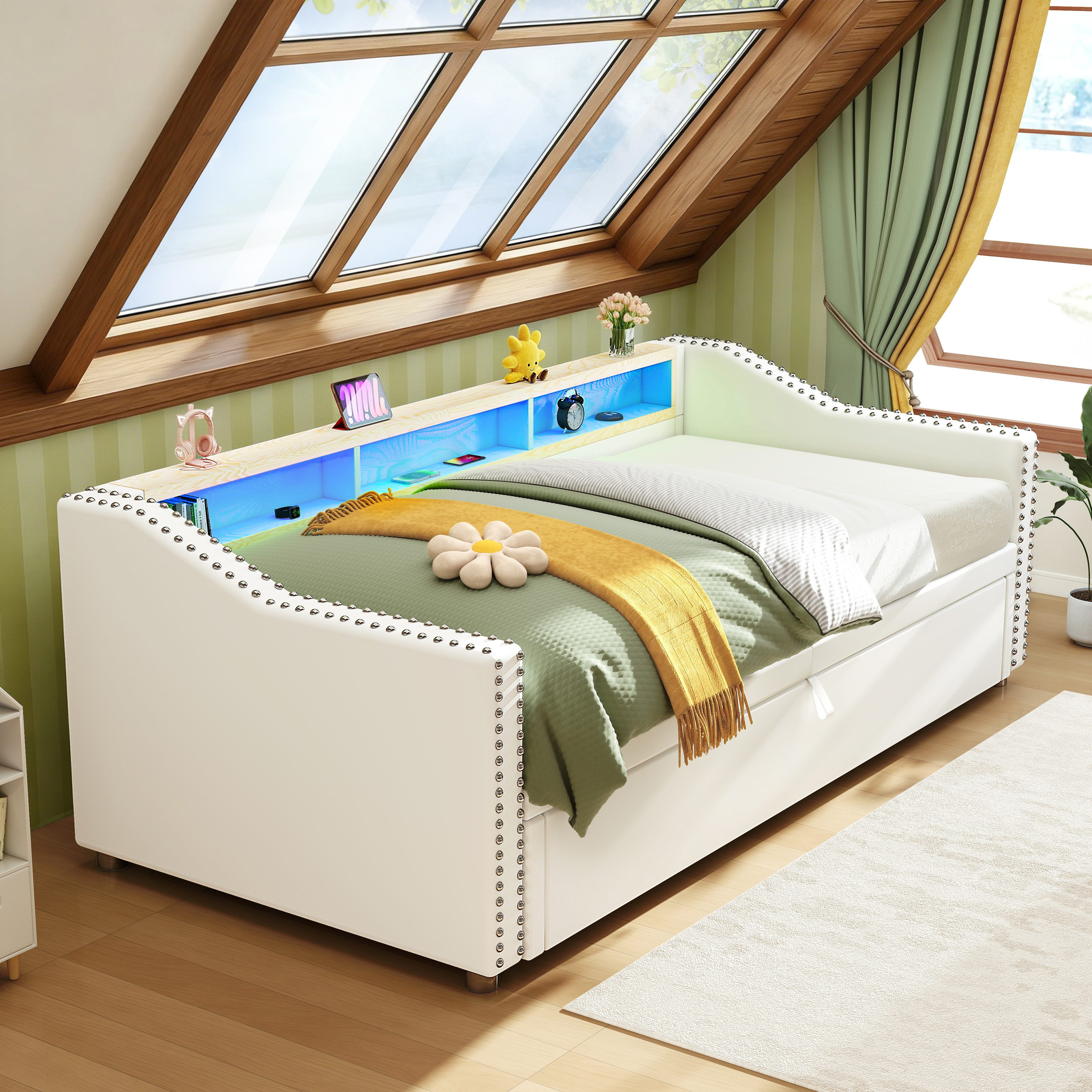 oyajia Polsterbett 3in1 Daybett Tagesbett Ausziehbett mit LED-Beleuchtung (Schlafsofa mit LED und USB, 90/180x200 cm), Jugendbett Kinderbett,Tagesbett mit Stauraum, Samtstoff