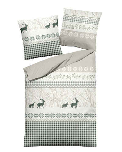 Bettwäsche Dormisette Fein Biber Постельное белье 155x220 Hirsch Sterne Äste Karo beige, Dormisette, Biber, 2 teilig