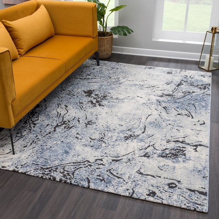 Teppich Wohnzimmer - Blau Creme Schwarz – Modern Marmor Abstrakt Optik payé Rechteckig Höhe: 9 mm