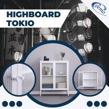 Coemo Highboard, Tokio Weiß Metall, 2 Glastüren, Einlegeboden - langlebig & elegant