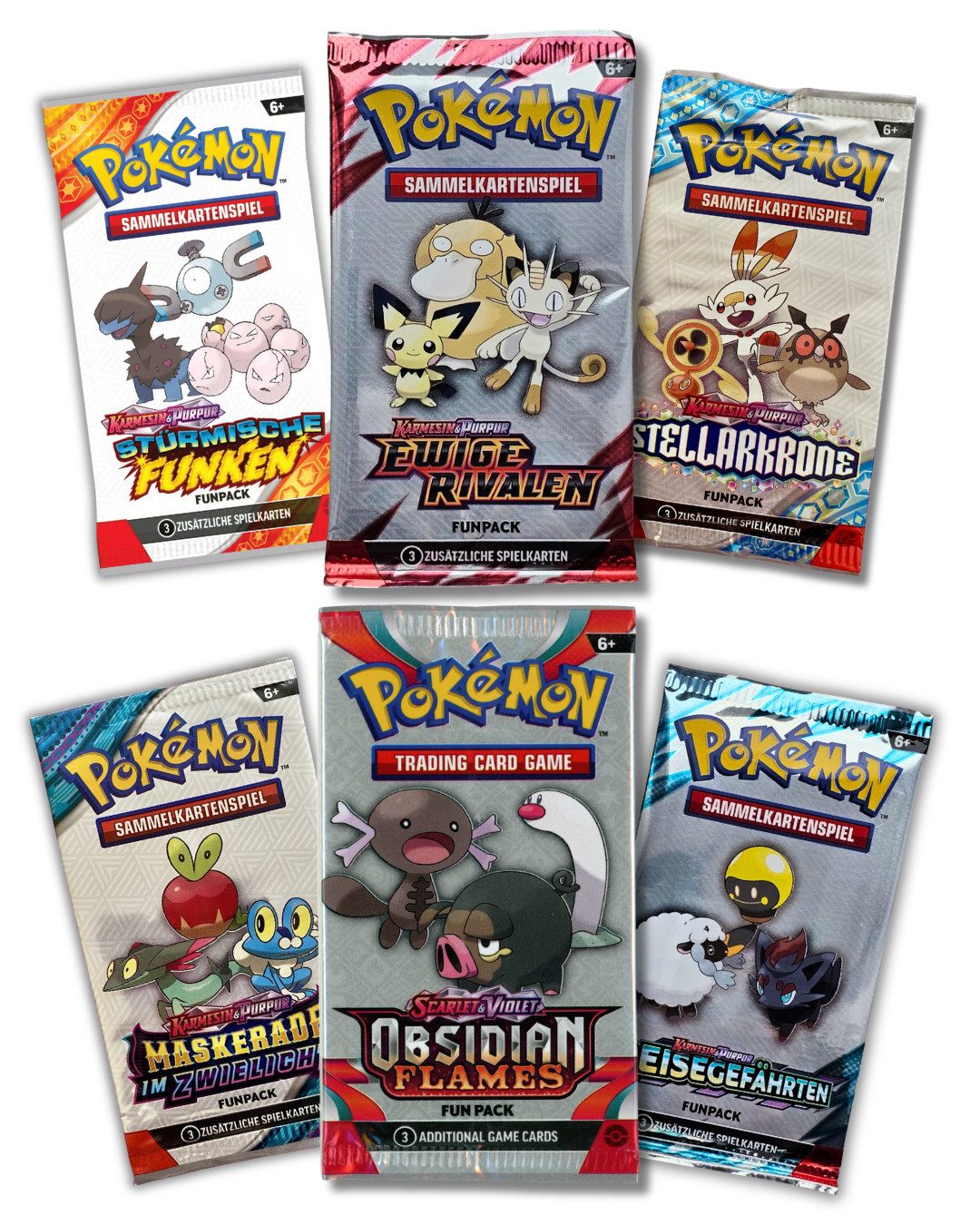 The Pokémon Company Sammelkarte Pokemon Booster 1x Funpack DE Auswahl Orginal Karten, Obsidian Flammen, Stürmische Funken, Ewige Rivalen, Stellarkrone