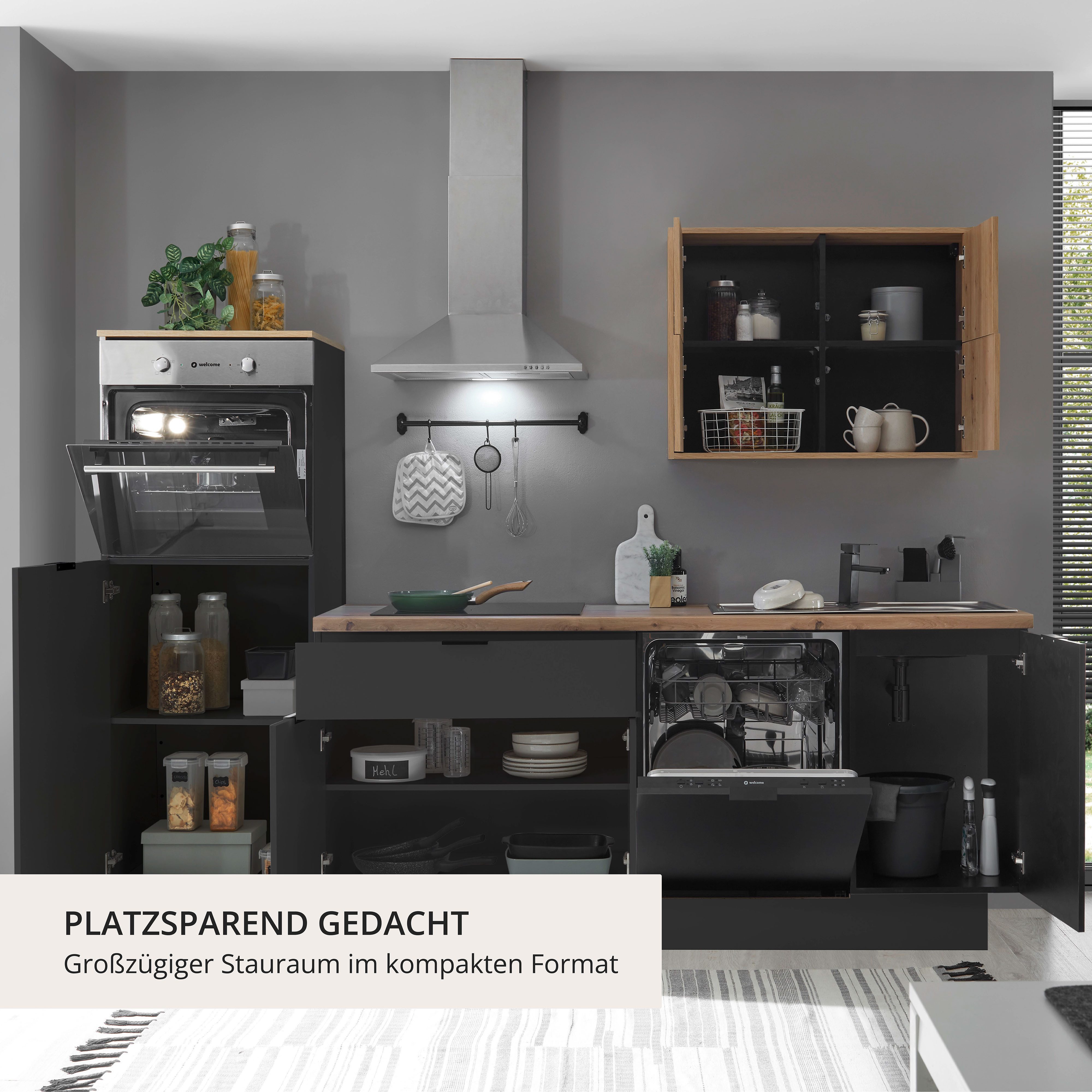 Coin cuisine Kitchenette KS-Georgia, avec plan de travail de 38 mm d'épaisseur, largeur 260 cm, avec appareils électroménagers et réfrigérateur en option