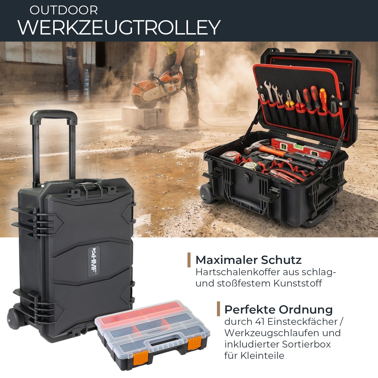 HMF Werkzeugkoffer 15604-02 Outdoor Werkzeugtrolley, Werkzeugkoffer leer mit Rollen, 46,5 x 36 x 22,5 cm, Schwarz