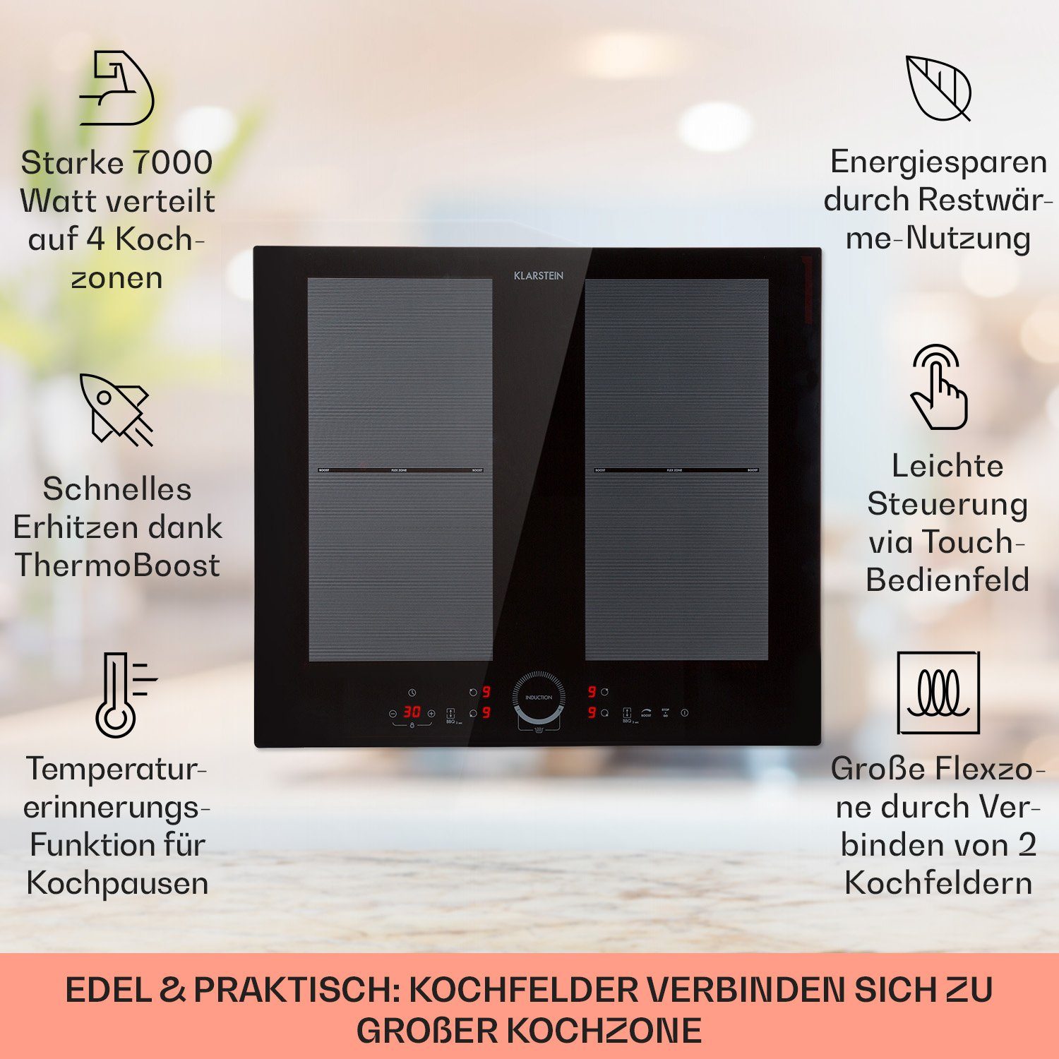 Klarstein Induktions-Kochfeld Delicatessa 60, Einbau Induktionskochfeld 4 Kochfelder Platten Induktionsherd