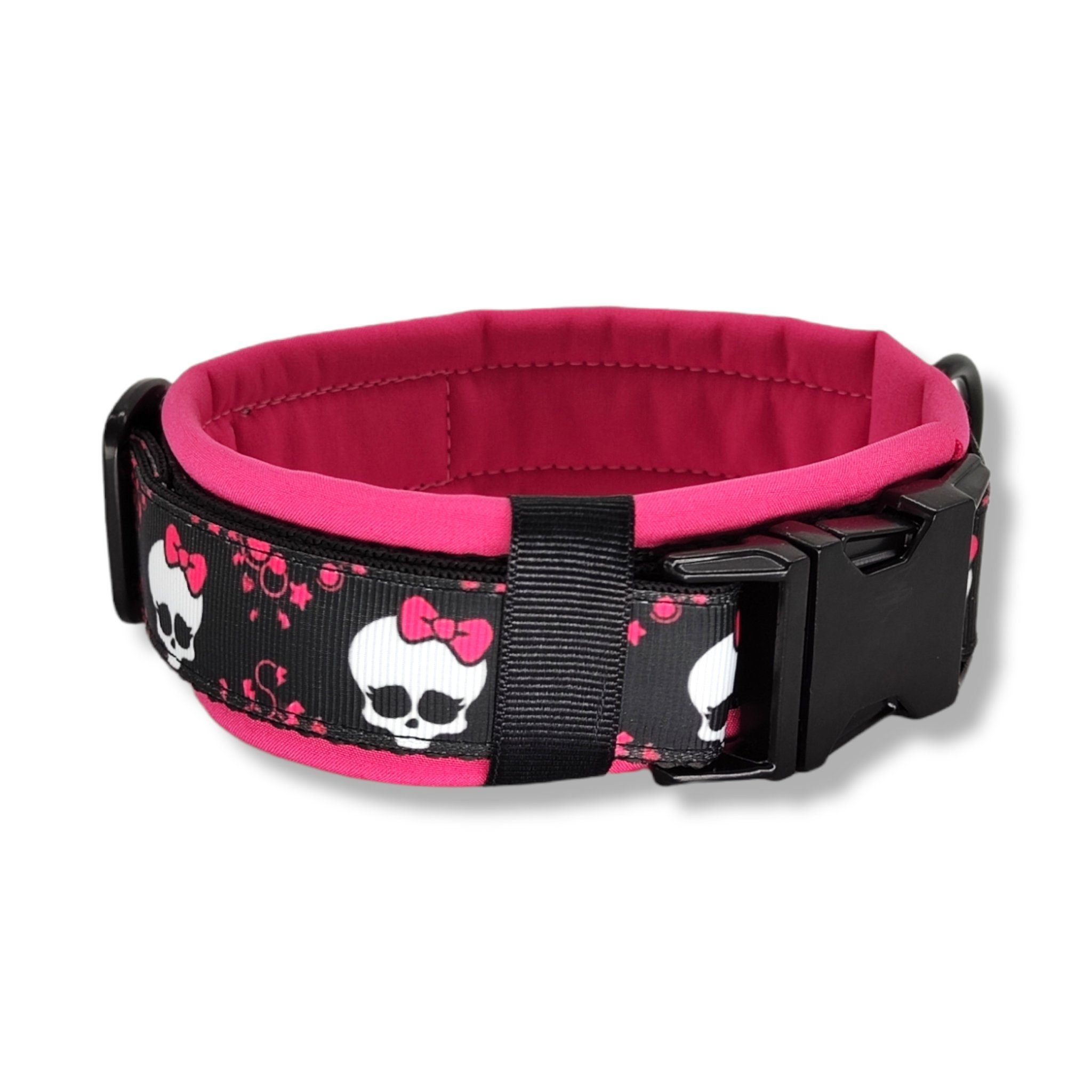 D by E Couture Hunde-Halsband "Pink Bow Skull III", gepolstert, verstellbar, 30mm breit, Handmade