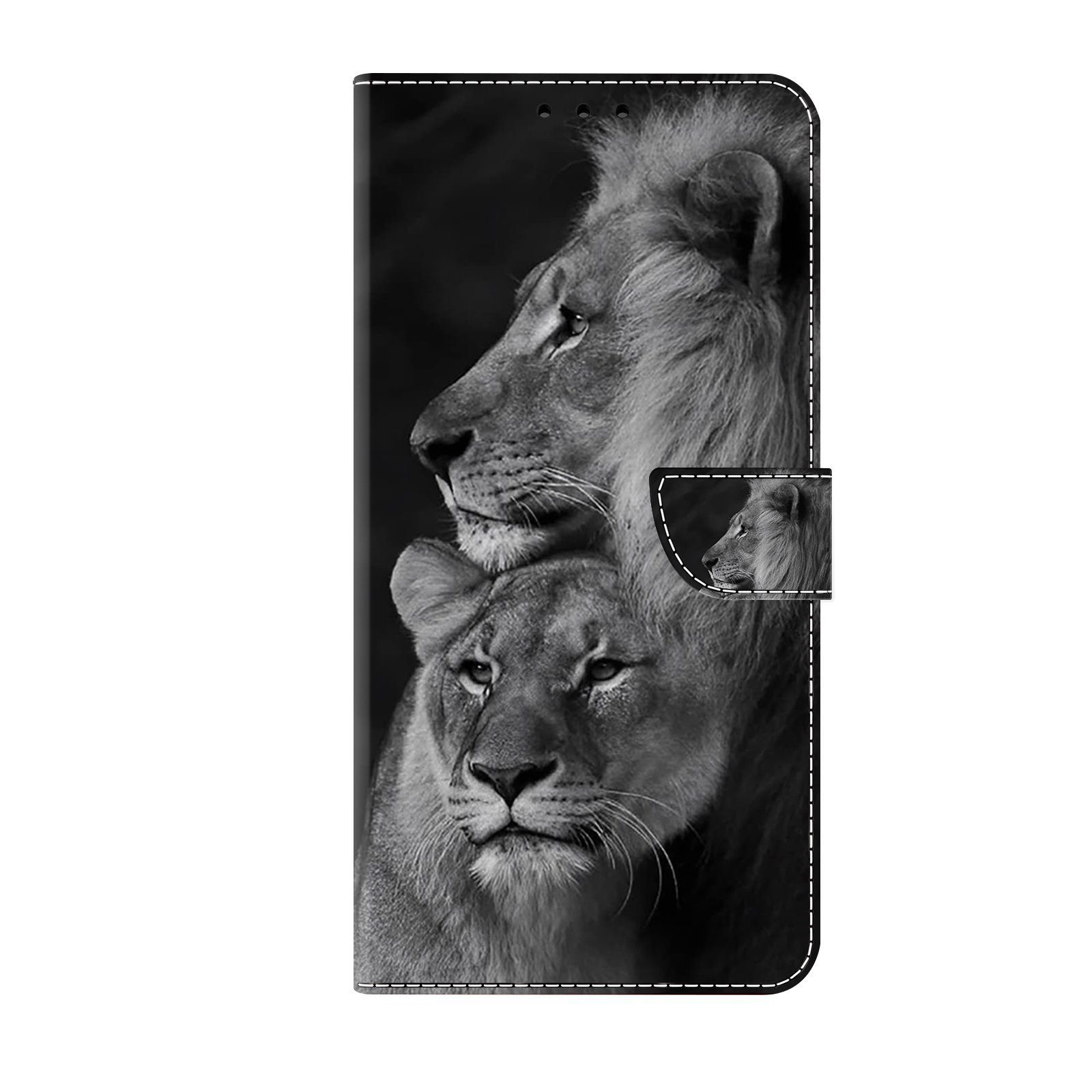 CLM-Tech Handytasche für Samsung Galaxy A16 / A17 5G Hülle aus PU Leder Klapphülle (Löwe in schwarz grau, Handyhülle mit Standfunktion - Wallet Flip Case inklusive Kartenfächer), Cover mit Magnetverschluss