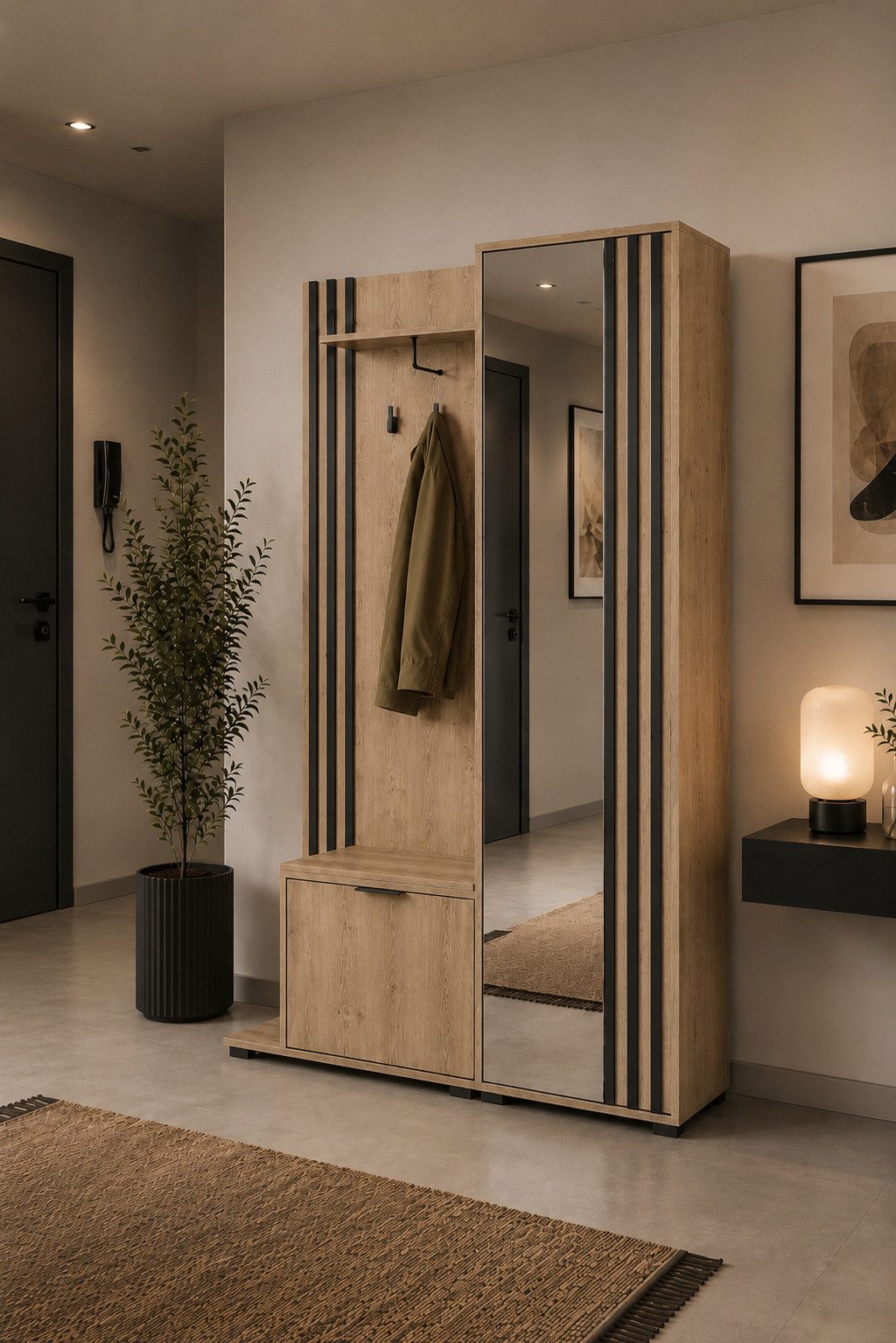 MOEBLO Kompaktgarderobe JOHN (Dielenschrank Wandschrank Regal Diele & Flur Kleiderschrank Schuhschrank, mit Spiegel Flurgarderobe Schrank Kompaktgarderobe), (BxHxT): 135x197x34cm