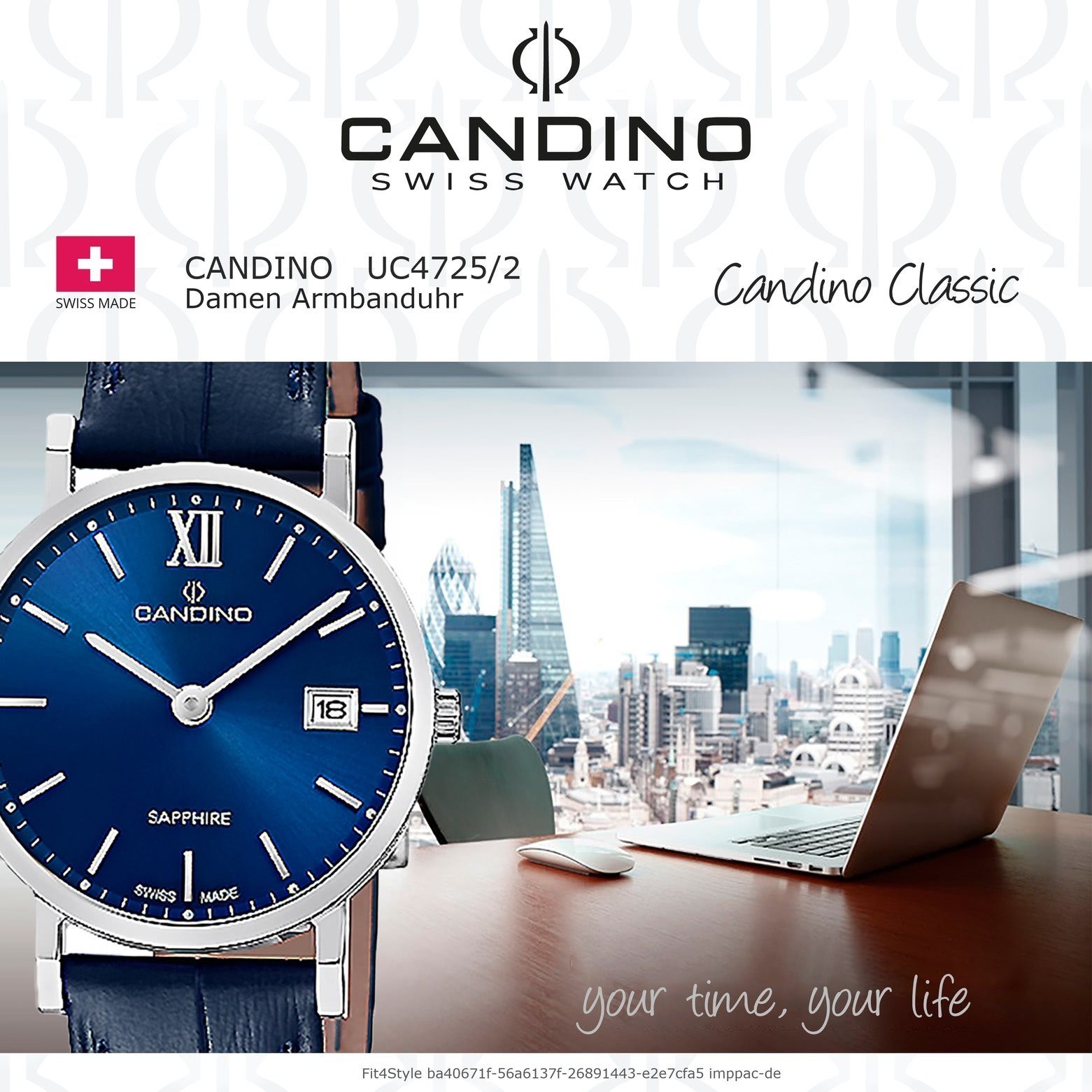 Armbanduhr Damen Edelstahlarmband Candino rund, blau Candino Classic, Quarzuhr Damenuhr