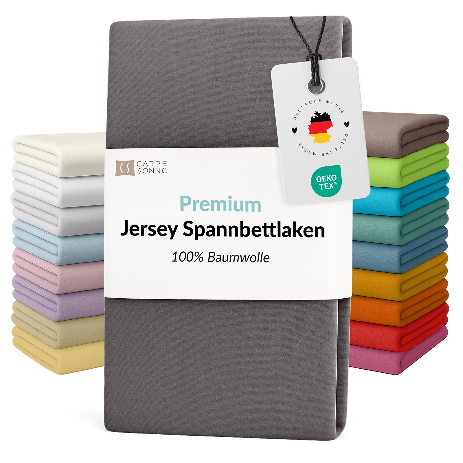 Carpe Sonno Spannbettlaken Jersey Bettlaken 90x200 100x200 140x200 160x200 180x200 200x200 & x220, Jersey, Gummizug: rundum, (1 Stück), Für Matratzen bis 25cm Höhe - 100% Baumwolle - MADE IN EU - OEKO-TEX®
