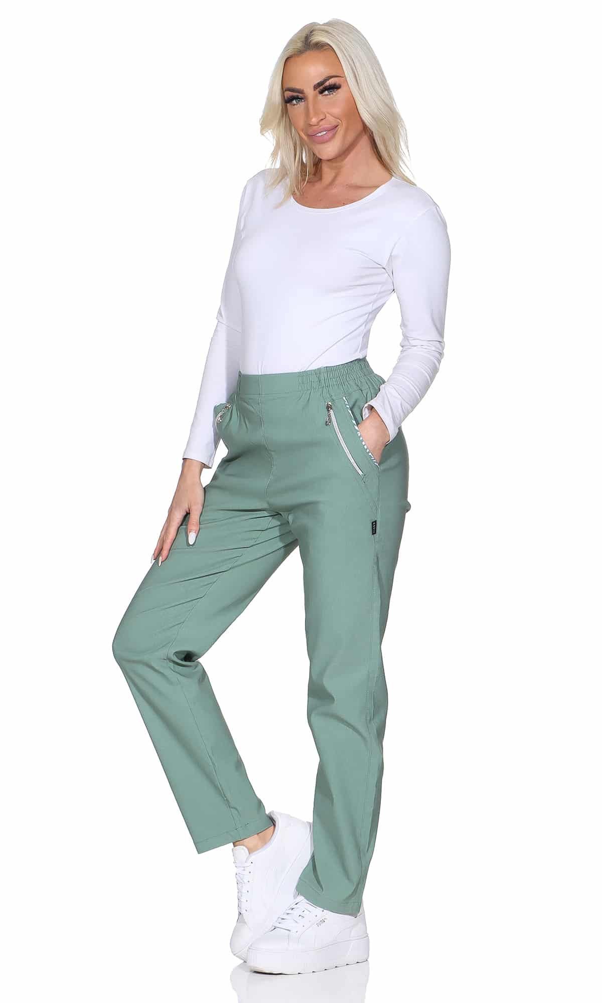 OriginalYou Schlupfhose Damen Stoffhose leichte Stretchhose Freizeithose mit elastischem Bund, farblich abgesetzte Taschen