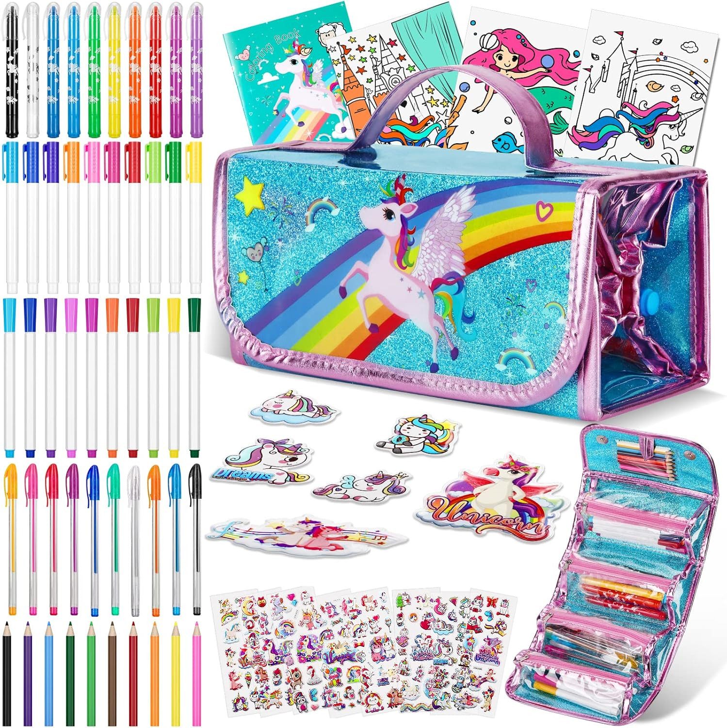 Auney Buntstift Malset Kinder Einhorn Malkoffer Federmäppchen 60 Teile Set, (Malset Kinder Einhorn mit Stiften Malbuch und Zubehör 60 Teile, 60-tlg., Kinder Malset Einhorn Zeichenset mit Stiften und Zubehör Set), Malset mit Einhorn Design 60 Teile mit Tasche und Zubehör Set