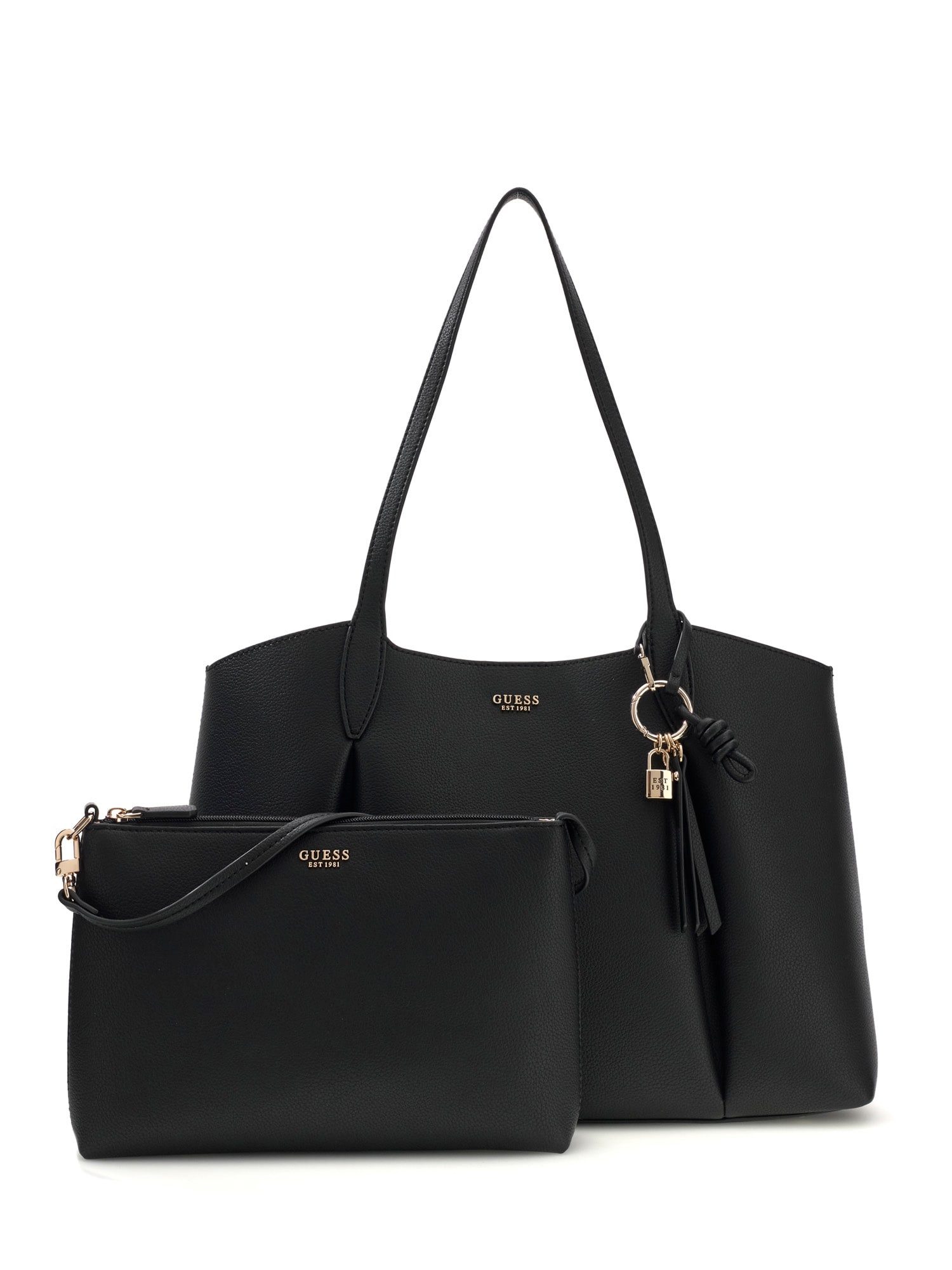 Guess Shopper MELODY 2 IN 1 TOTE (Set, Herausnehmbare Innentasche, abnehmbarer Schlüsselanhänger), Damen Handtasche, Schultertasche mit goldfarbener Logo-Applikation