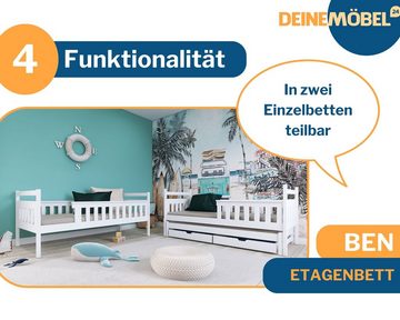 Deine Möbel 24 Etagenbett BEN für 3 Kinder 90x200 Weiß ohne Matratzen / mit Matratzen (Ausziehbett, Kinderbett mit Rausfallschutz, Lattenrost und 2 Schubladen), Hochbett Funktionsbett aus Massivholz, in 2 Kinderbetten umbaubar