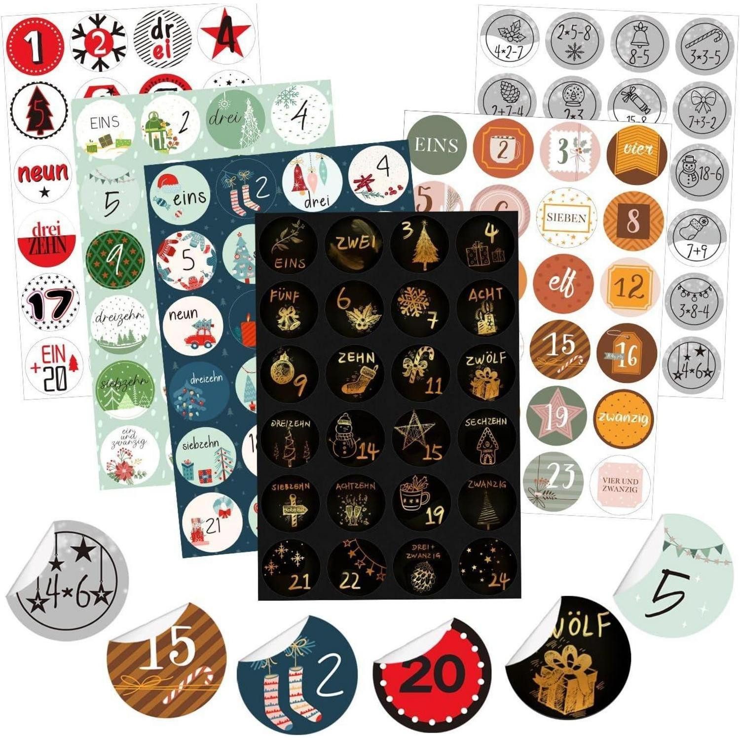 LuxusKollektion DIY-Adventskalender Adventskalender Zahlenaufkleber 6er Set 24 Zahlen rund 40 mm