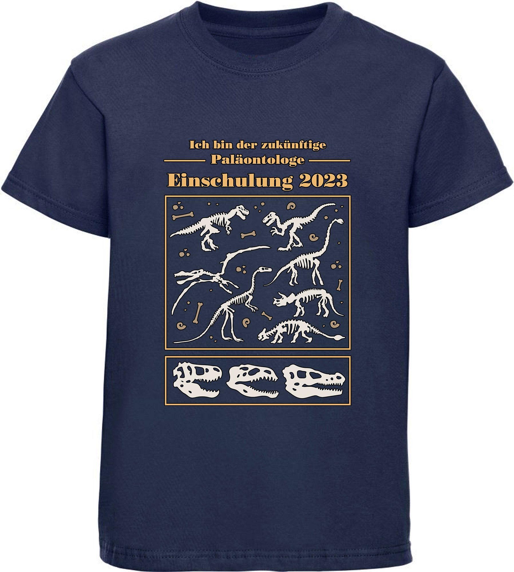 MyDesign24 Print-Shirt bedrucktes Kinder T-Shirt zukünftige Paläontologe mit Dino Skeletten Baumwollshirt Einschulung 2023, schwarz, weiß, rot, blau, i36 navy blau