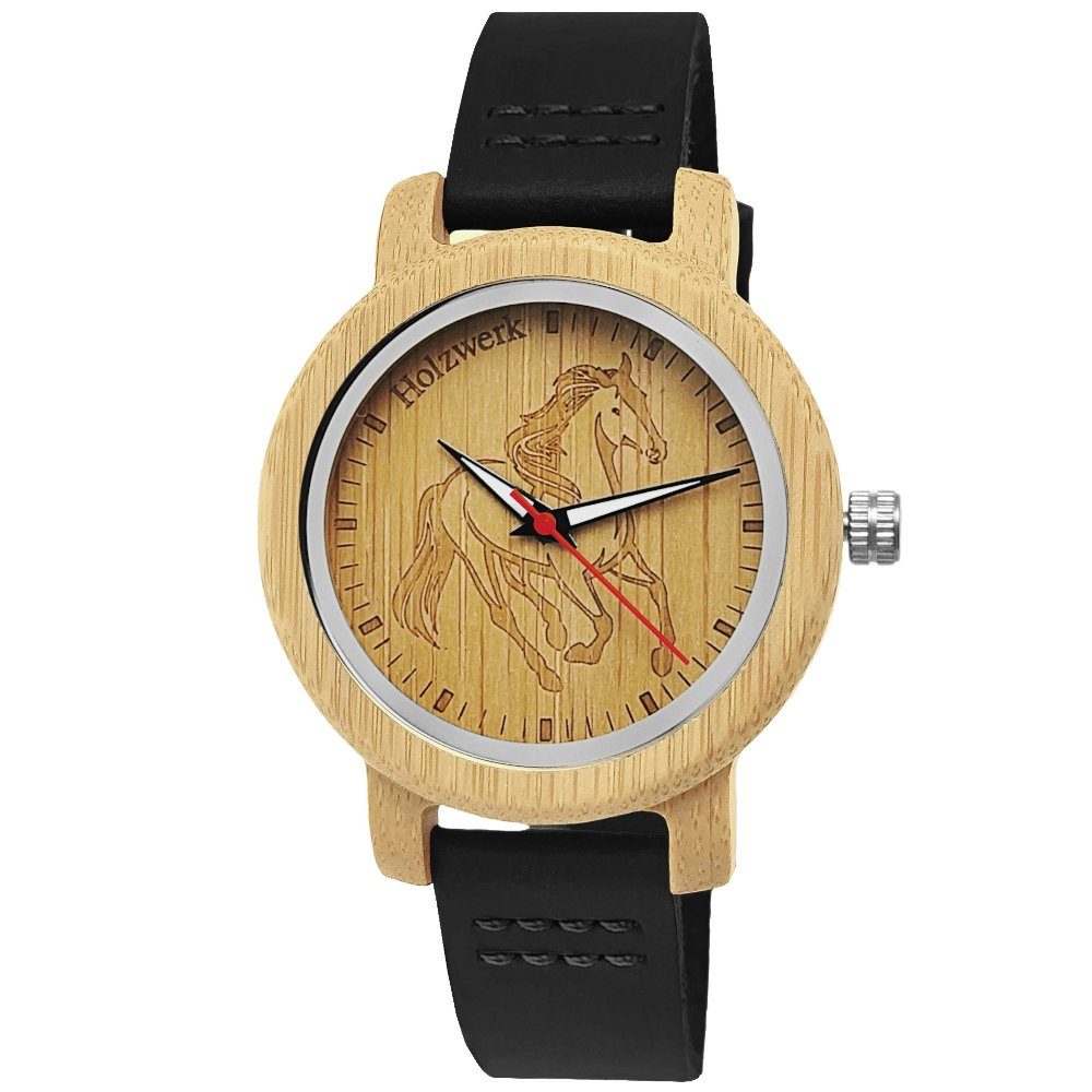 Holzwerk Quarzuhr LIL TORI BLACK Kinder Leder & Holz Armband Uhr, Pferd Motiv, schwarz