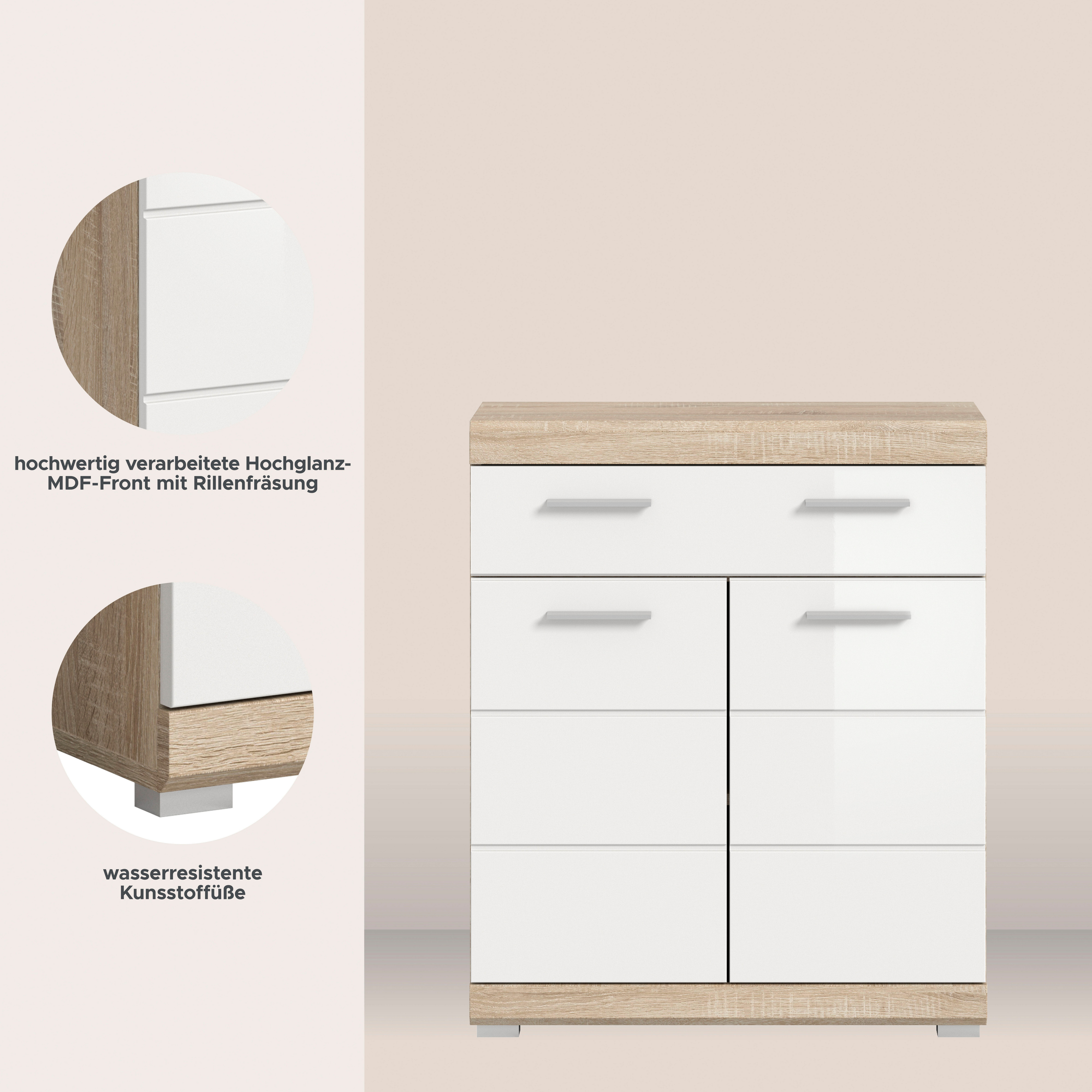 welltime Unterschrank SIENA, Breite 74cm, 2 Tür, 1 Schubkasten, 2 Fächer, MDF-Front (TOPSELLER) in verschiedenen Farben erhältlich, Badmöbel, Badschrank, Kommode, Bad