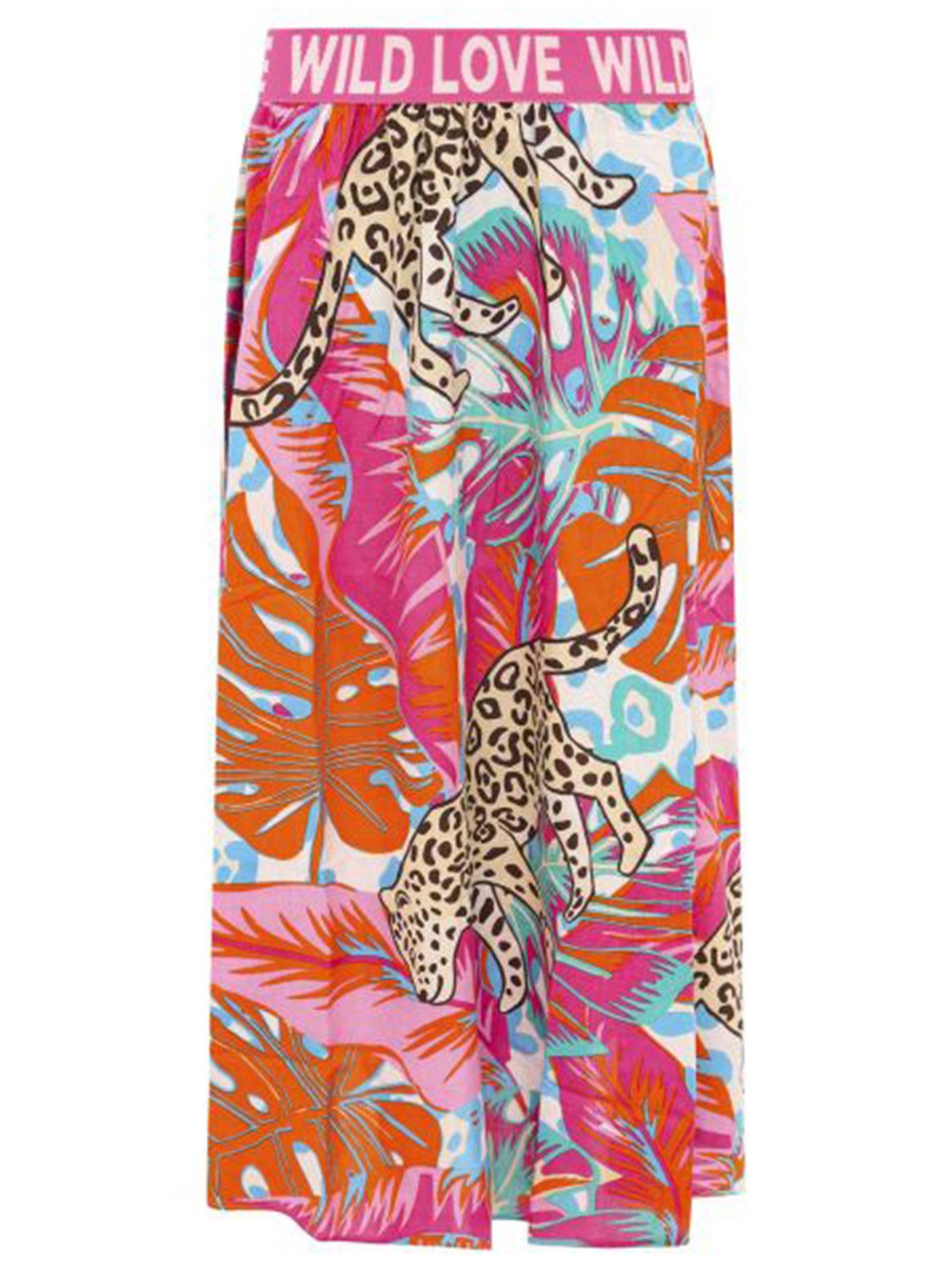 Zwillingsherz Maxirock "Dschungel Leopard" Animal-Print, bunten Blättern, Schriftzug, Viskose, knöchellang