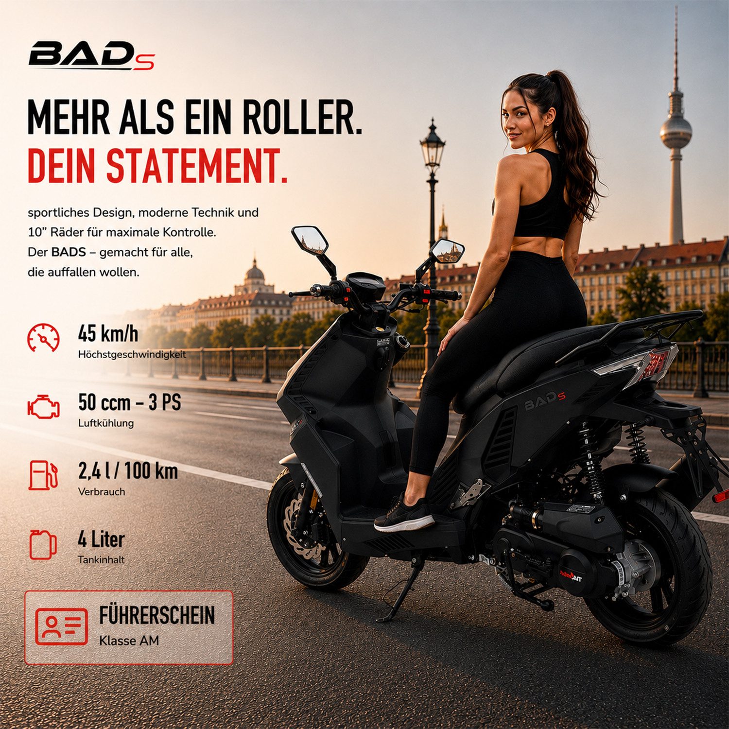 Burnout Motorroller BAD s Mattschwarz, 50 ccm, 45 km/h, Euro 5, Keyless-Go, Alarmanlage, LED-Beleuchtung