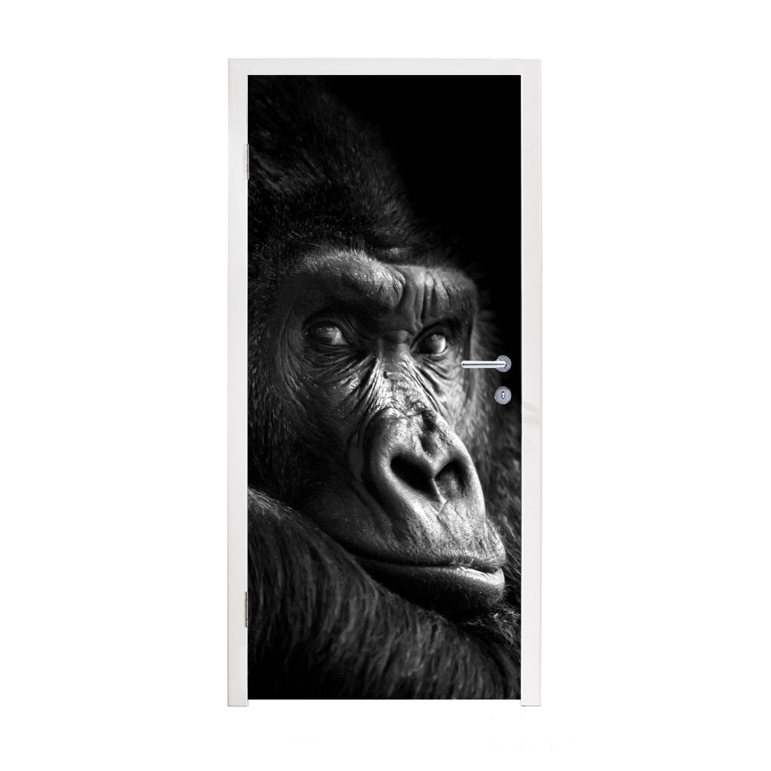 MuchoWow Türtapete Gorilla - Affe - Schwarz - Weiß - Porträt, Matt, bedruckt, (1 St), Selbstklebende Tapete, Folie für Möbel, 75x205 cm