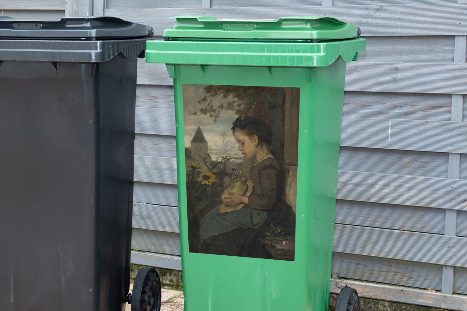 MuchoWow einem Jacob von vor Haus Ein (1 Sticker, das Gemälde Mädchen, Container, Maris Abfalbehälter Mülleimer-aufkleber, St), Wandsticker sitzt - Mülltonne,