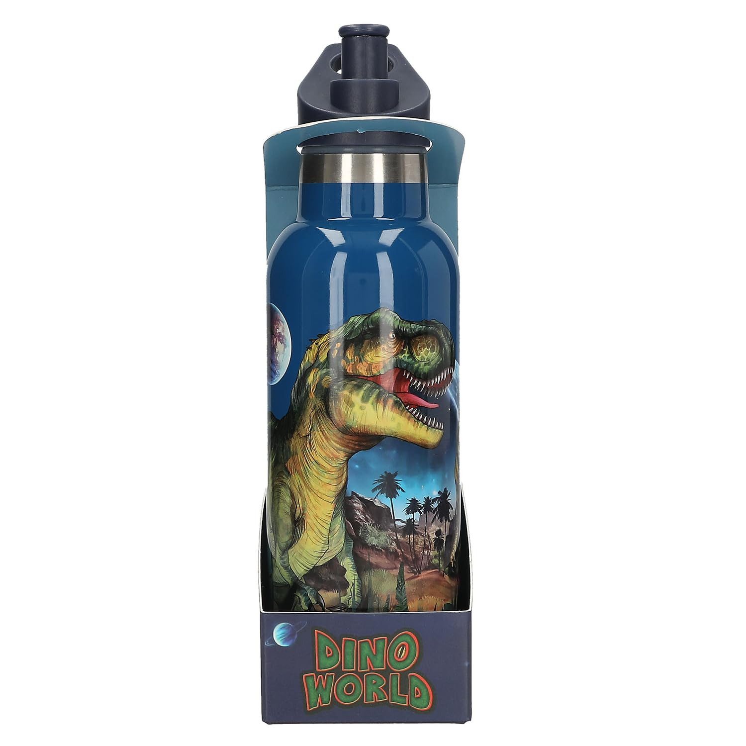 Depesche Schmuckset Dino World Galaxy Trinkflasche Dunkelblau 500 ml Edelstahl, Dinosaurier Motiv, Sportflasche