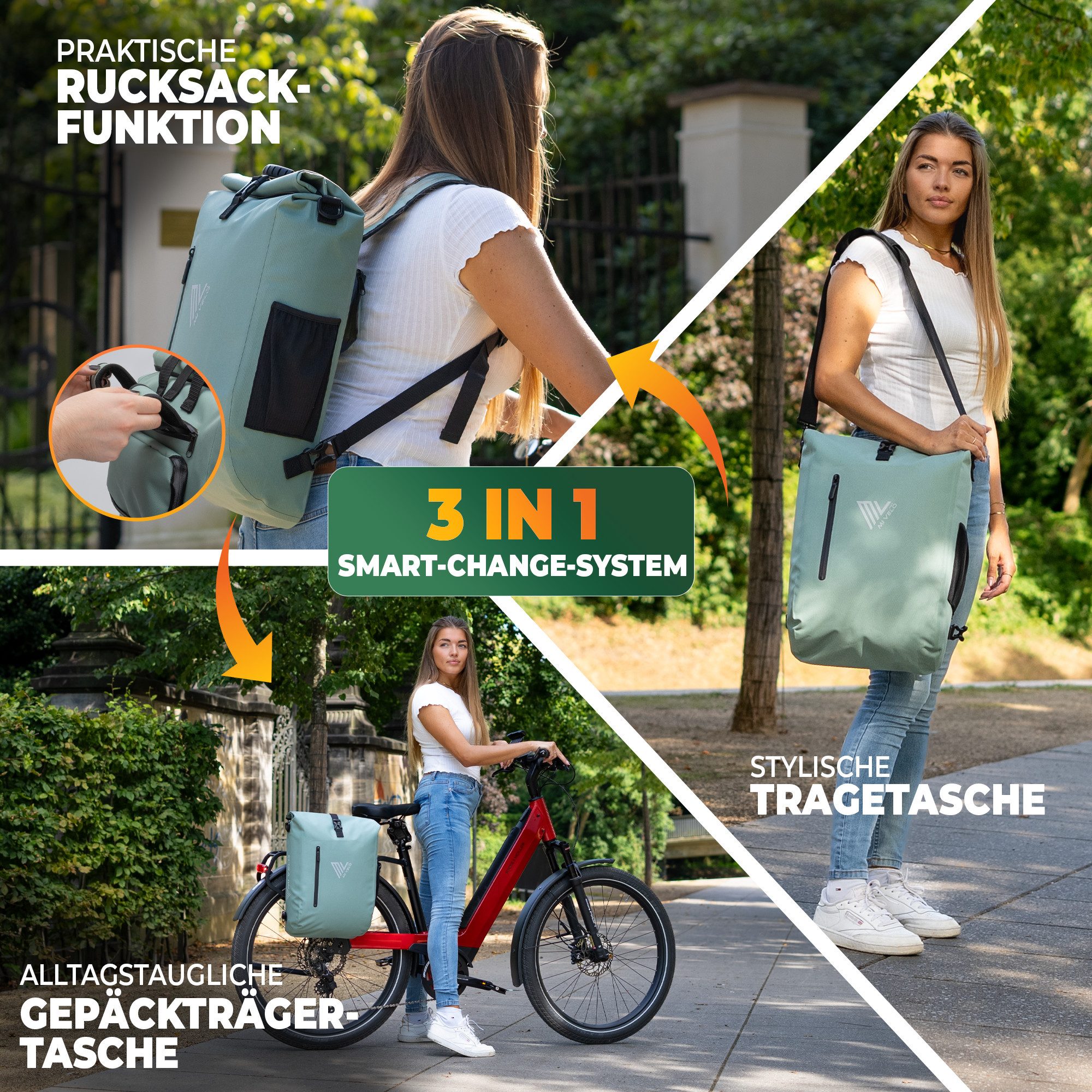 MIVELO Fahrradtasche 3in1 Gepäckträgertasche, Rucksack für Fahrrad Gepäckträger wasserdicht, 20L Volumen