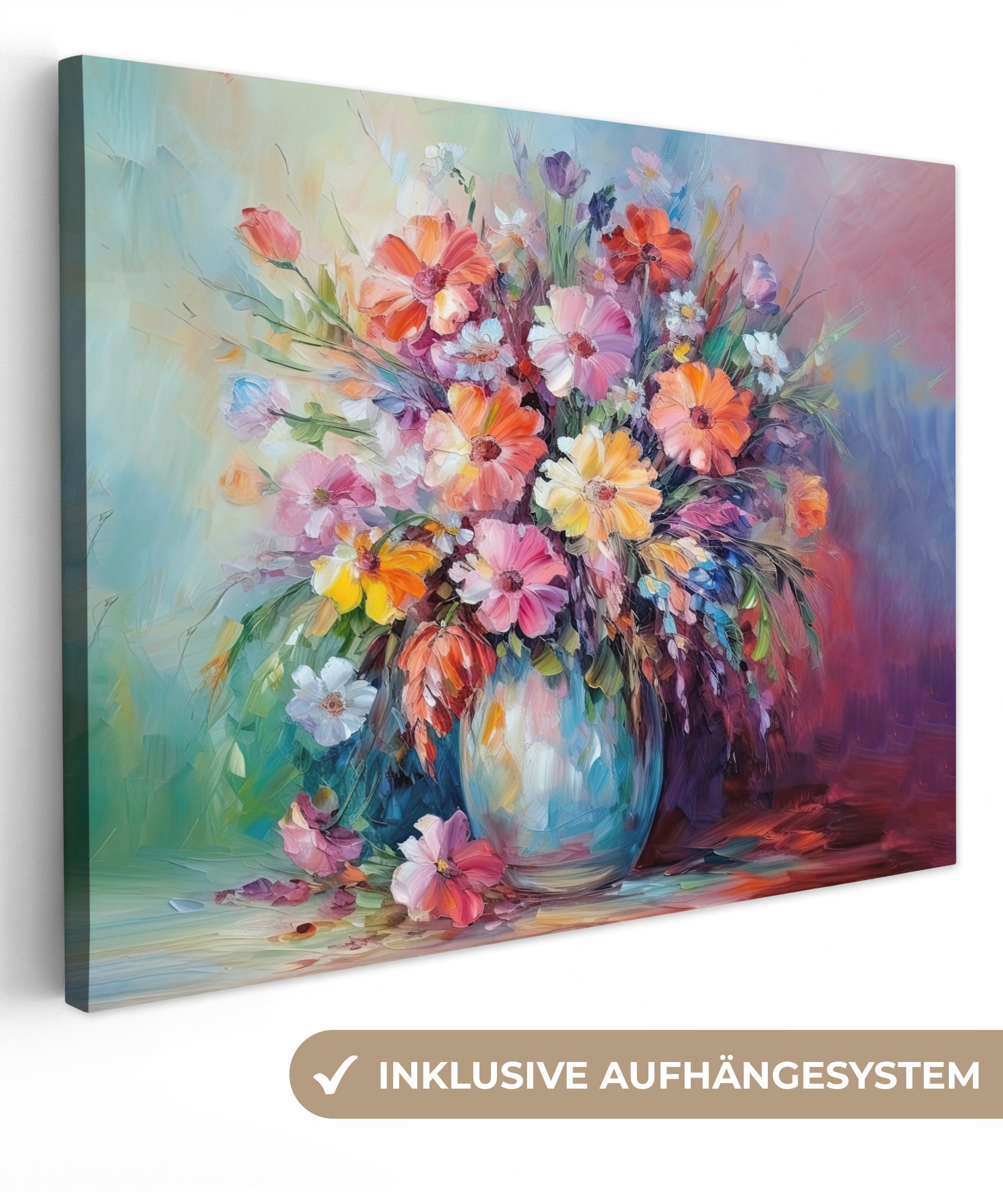 OneMillionCanvasses® Leinwandbild Blumen - Kunst - Malerei - Frühling - Blumenstrauß, Fotodruck (1 St), Wandbild Leinwandbilder, Aufhängefertig, Wanddeko 40x30 cm