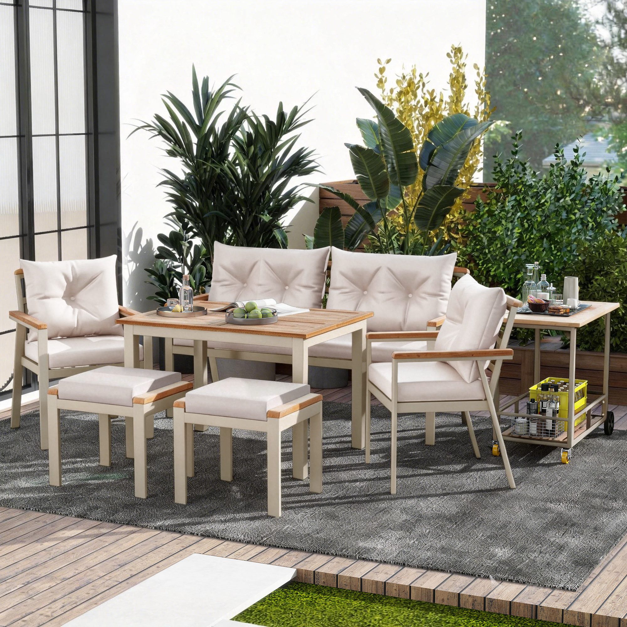Merax Gartenlounge-Set Akazienholz Esstisch-Set für 6-7 Personen, (abnehmbare und waschbare Kissenbezüge, 7-tlg., Ideal für Terrasse, Garten, Balkon), 6-Sitzer Gartenmöbel mit 2 Stühlen, 2 Hockern, Sofa und Servierwagen