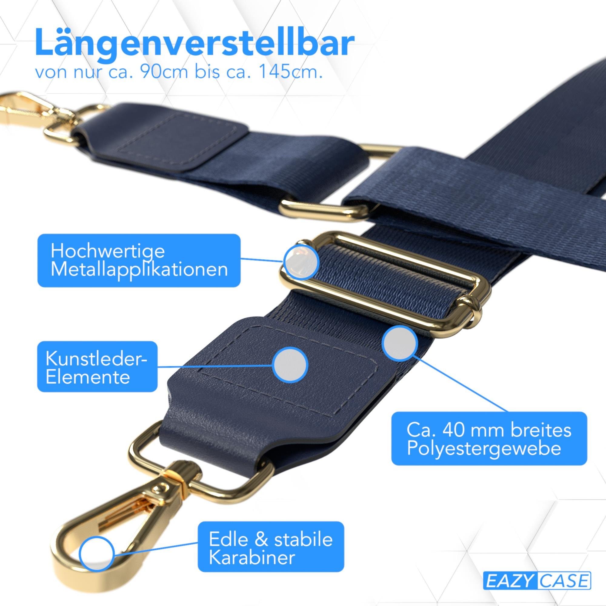 EAZY CASE Schulterriemen Schultergurte für Taschen Bag Karabiner Blau Wechselband Dunkelblau mit Verschluss Ersatzgurt unifarbend Metall - Gold Riemchen Body