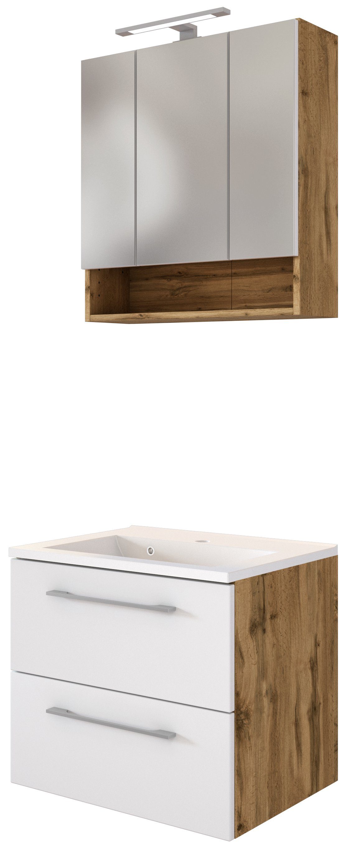 HELD MÖBEL Badmöbel-Set Waschtisch-Set Livorno 60 cm Wotaneiche/matt weiß