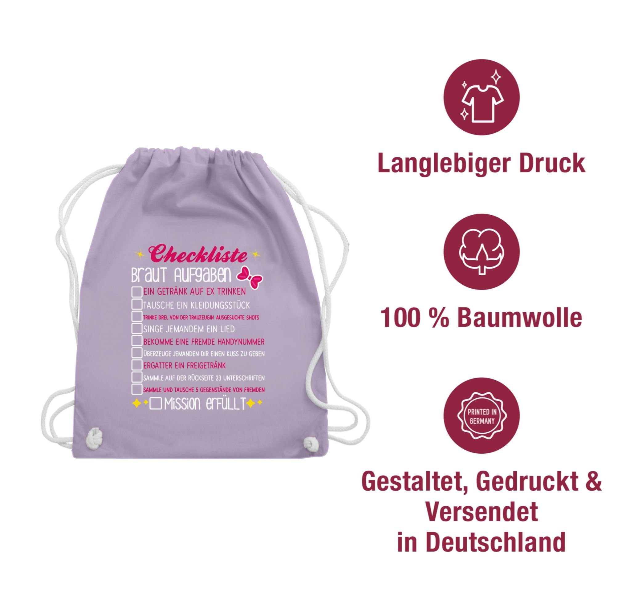 Checkliste Junggesellenabschied 03 Pastell Frauen Turnbeutel Lila JGA - Aufgaben JGA Shirtracer To-do-Liste Braut Bride,