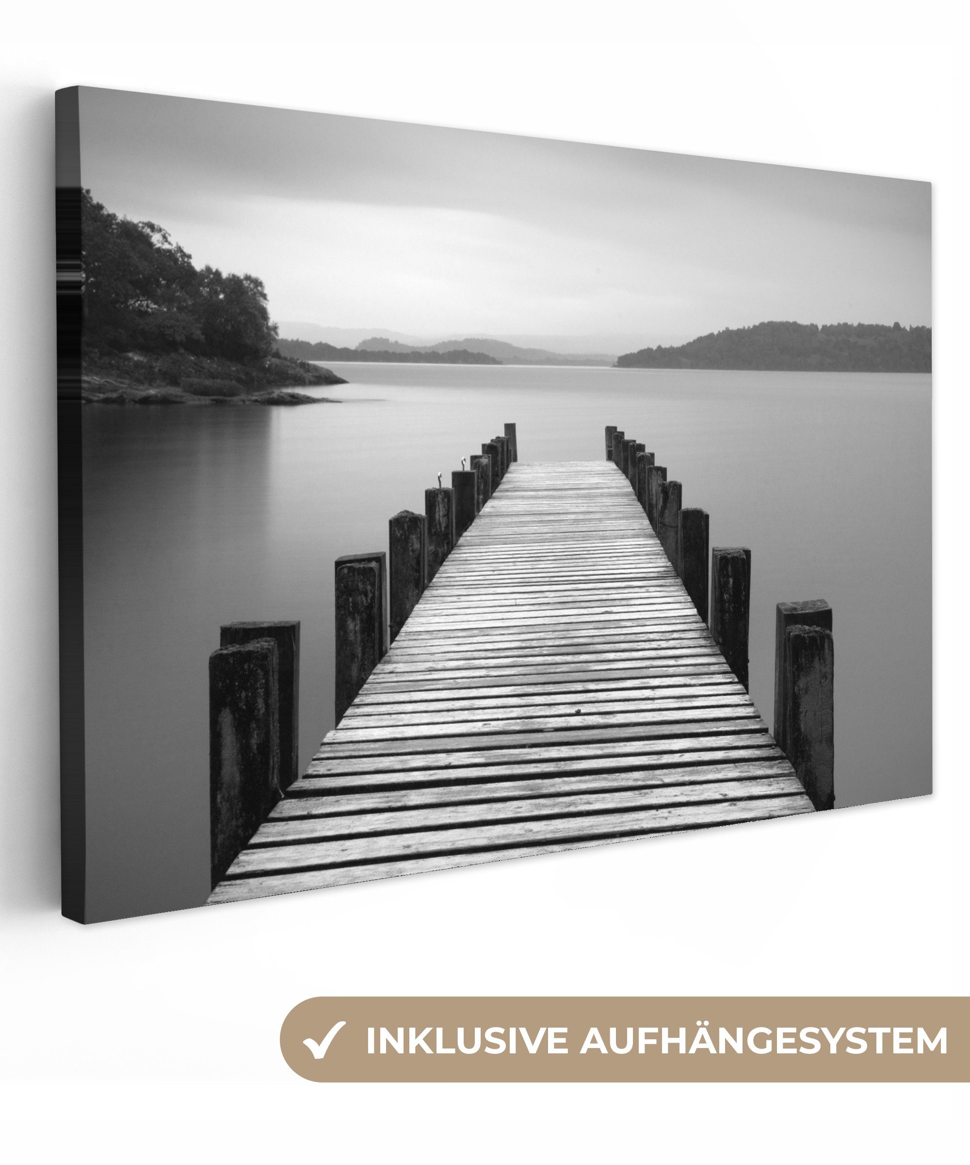 OneMillionCanvasses® Leinwandbild Blick von einem Holzsteg am Loch Lomond i günstig online kaufen