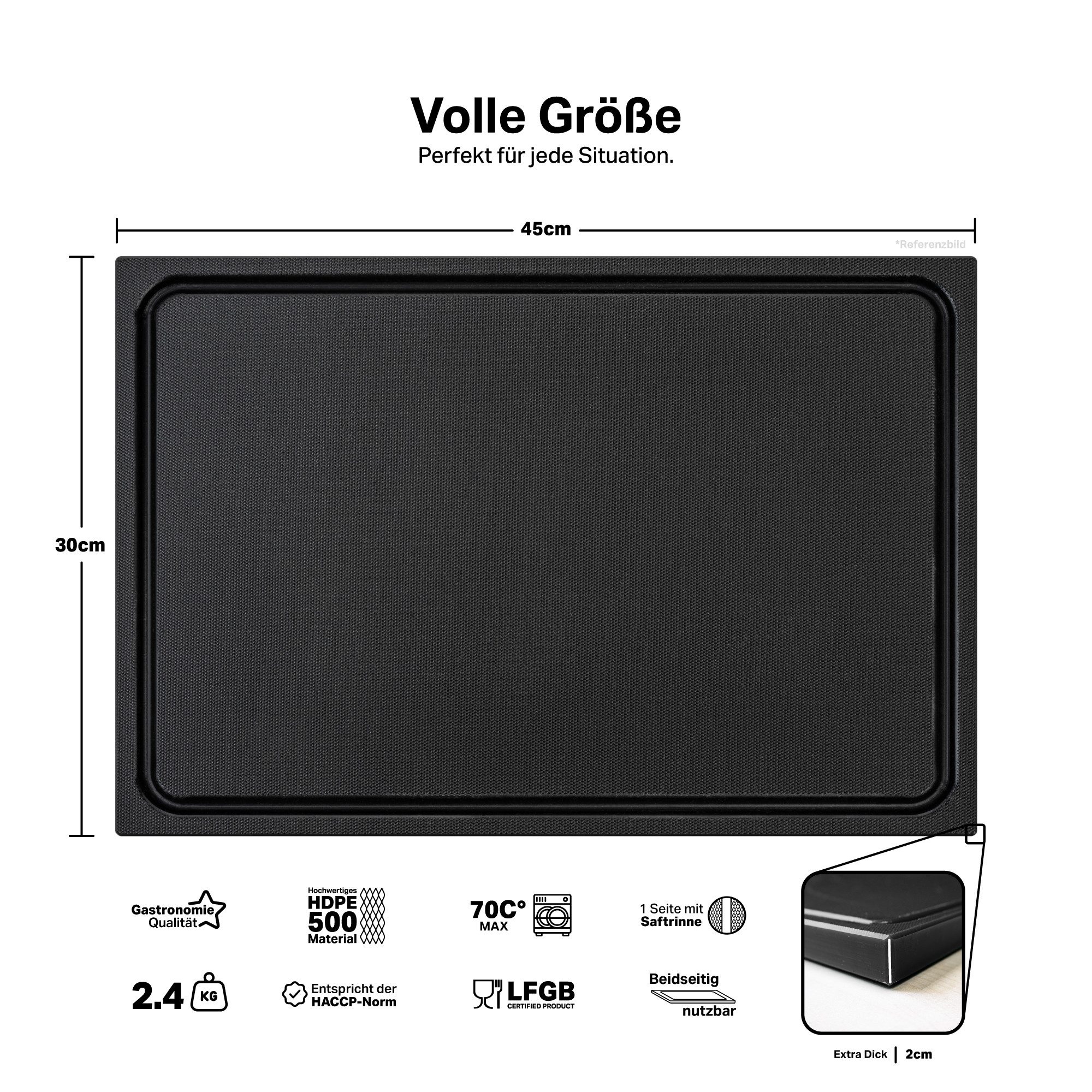 MUVELL Schneidebrett Kunststoff, Schwarz, 45x30x2 cm, mit Saftrille, EXTRA dick, Kunststoff, (Stück, 1-St., Schneidebrett), messerschonend,Saftrille,Extra Dick