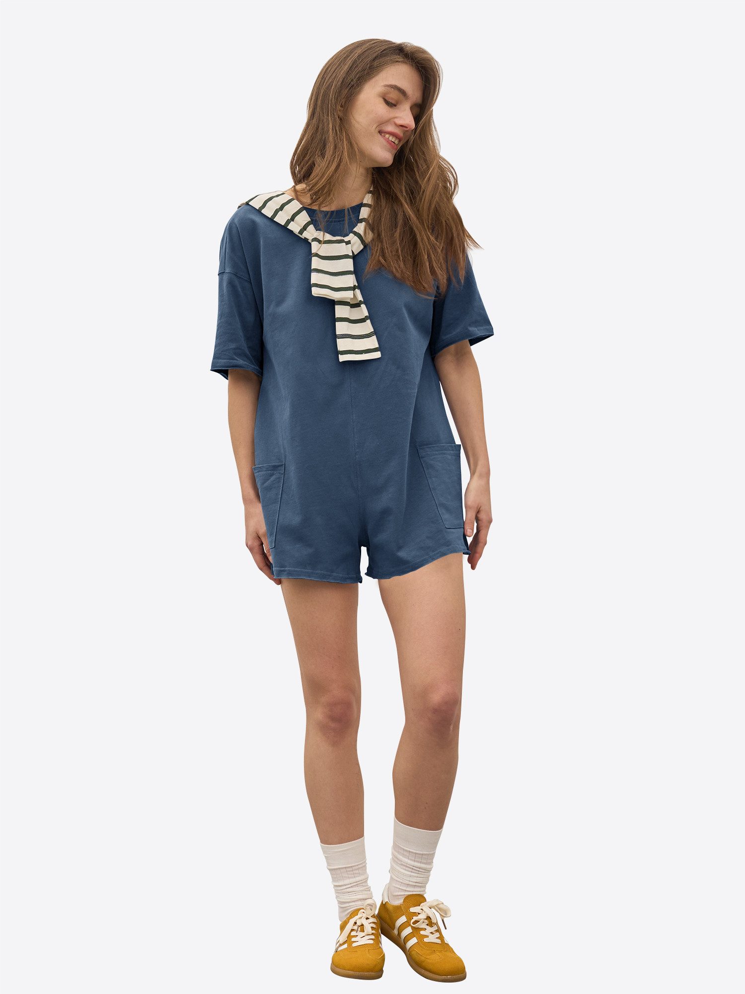 Imily Bela Jumpsuit Damen Hausanzug Rundhals Halbarm Eingrifftaschen Loose Loungewear (Packung, 1-tlg., 1per-Pack) aus Baumwolle mit Rücken-V-Ausschnitt in Unifarbe