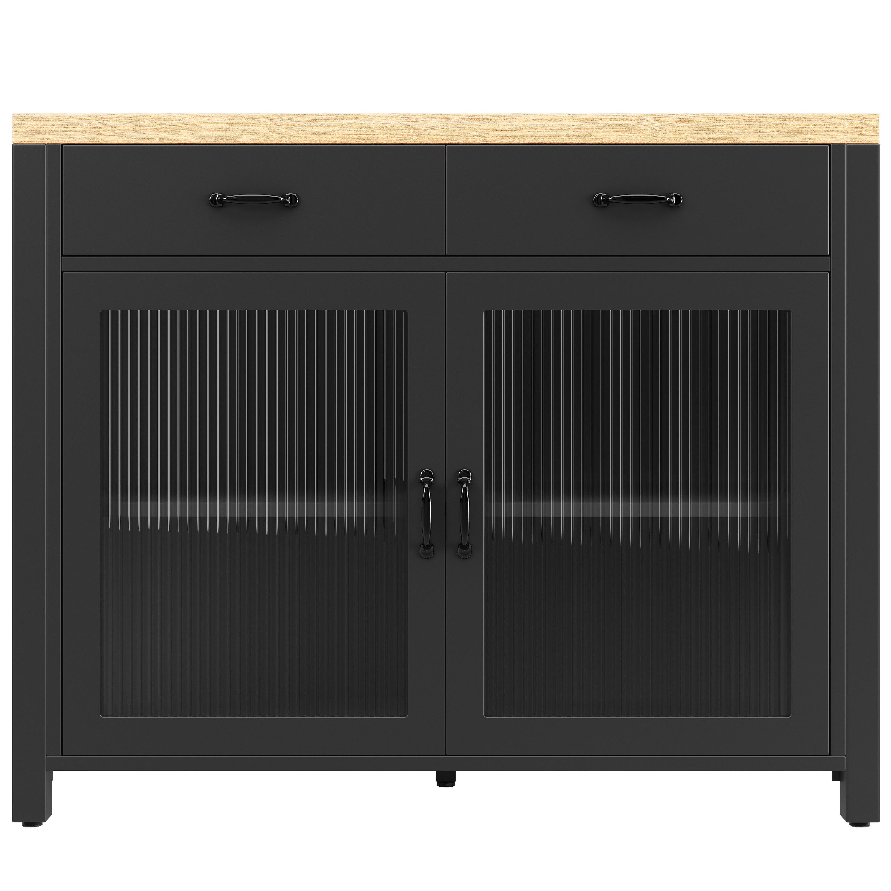Flieks Kücheninsel mit Arbeitsplatte in Holzoptik Natur, LED-Beleuchtung und Glastüren, (mit verstellbaren Fußpolstern), Küchenschrank Küchenbuffet Stehtisch Ba – Bild 5 von 5