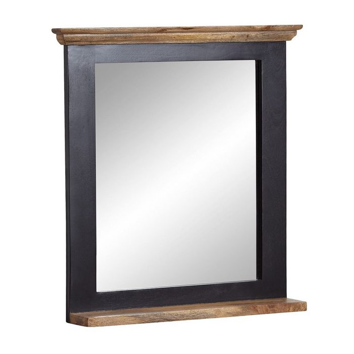 Wohnling Spiegel (73x78x15 cm Mango Massivholz Schwarz mit Ablage) Badezimmerspiegel Wandspiegel Groß Hängespiegel
