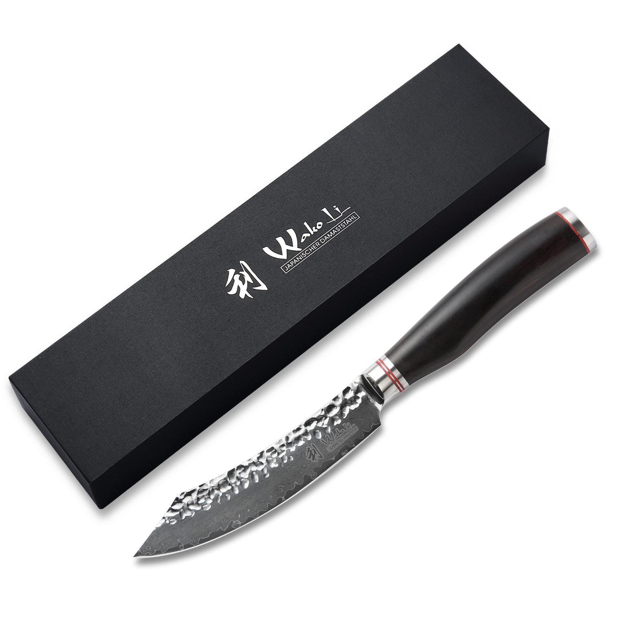 Wakoli Steakmesser EBO Damastmesser I 12,5 cm Klinge I schwarzer Eichenholzgriff (1 Stück), aus 67 Lagen Damaststahl, VG10 Kern