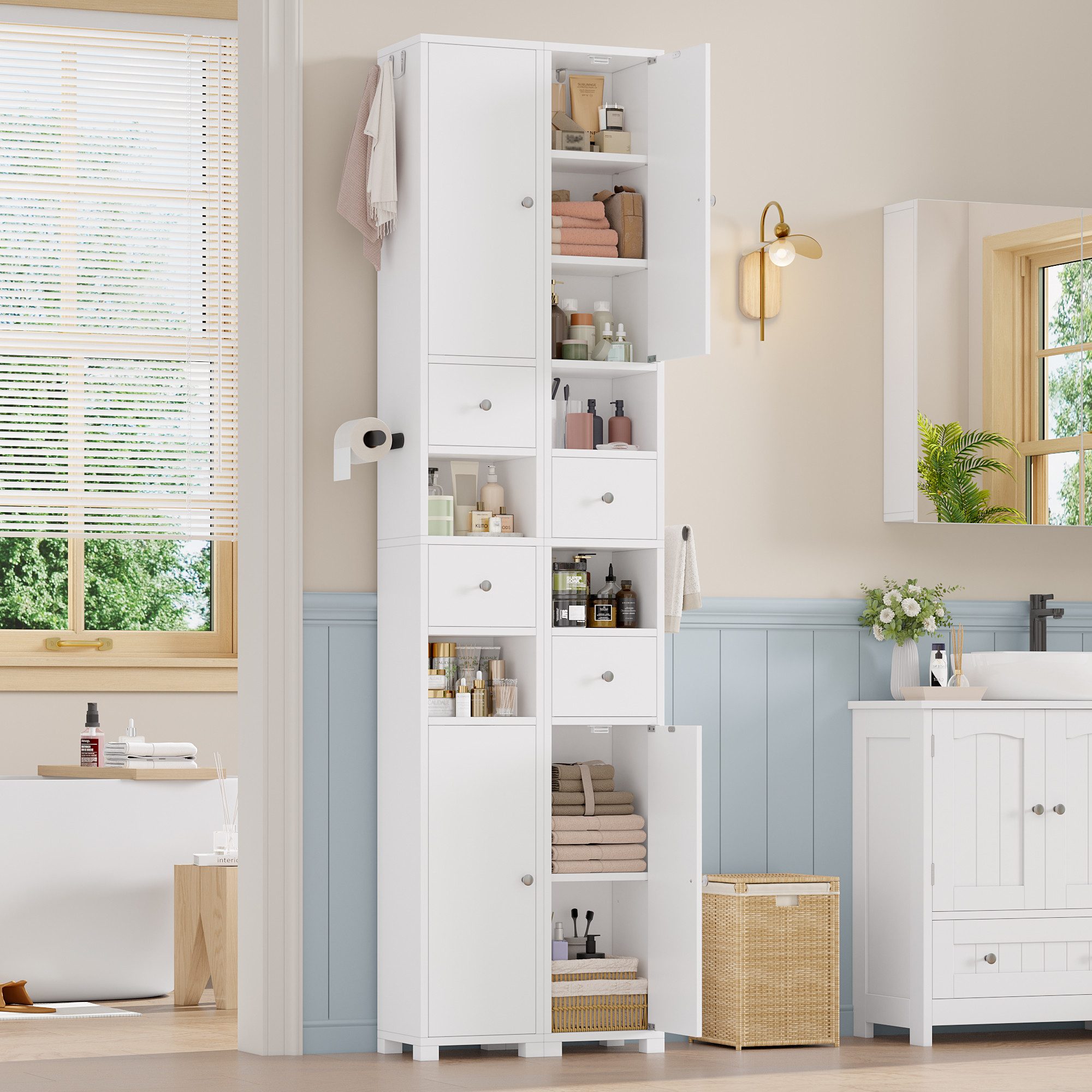 Homfa Hochschrank Badschrank schmal Badezimmerschrank Badregal mit verstellbare Ablagen und Schubladen, rechts oder links