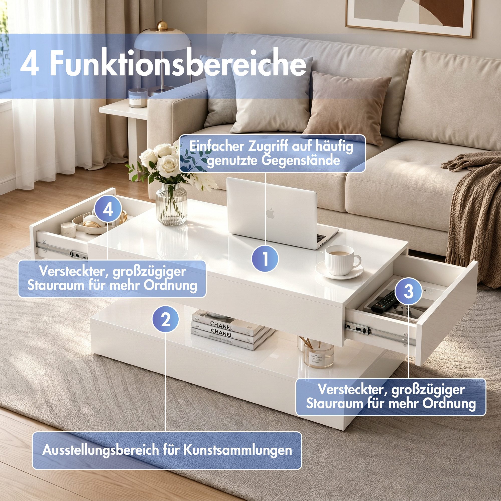 Sunsitt Couchtisch Moderner Couchtisch in Hochglanz-Optik (Wohnzimmertisch mit 2 Schubladen, 100 x 50 x 45 cm), Sofatisch für Wohnzimmer, Schlafzimmer & Büro, W – Bild 4 von 5
