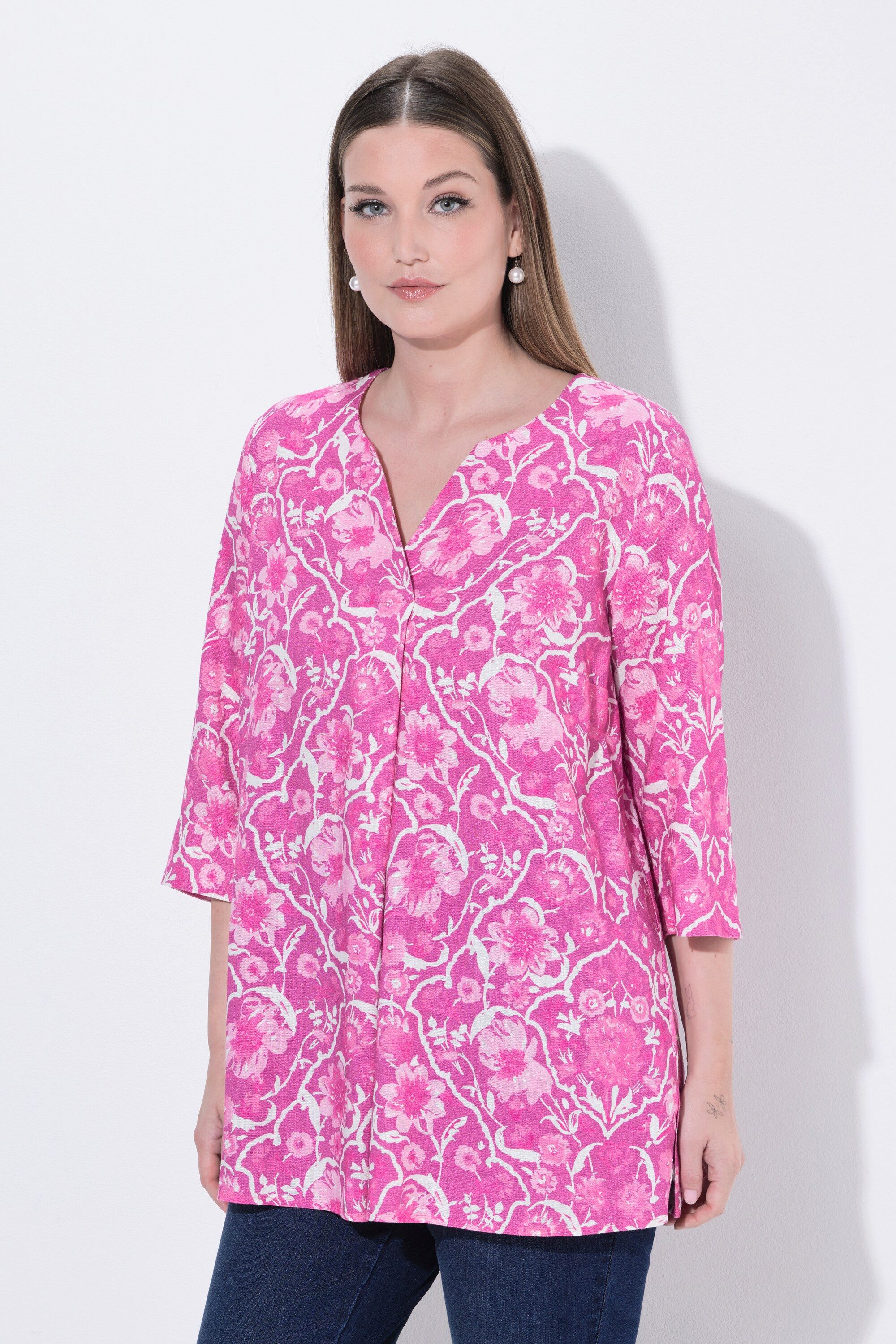 Ulla Popken Tunika Bluse Blüten Tunika-Ausschnitt 3/4-Arm