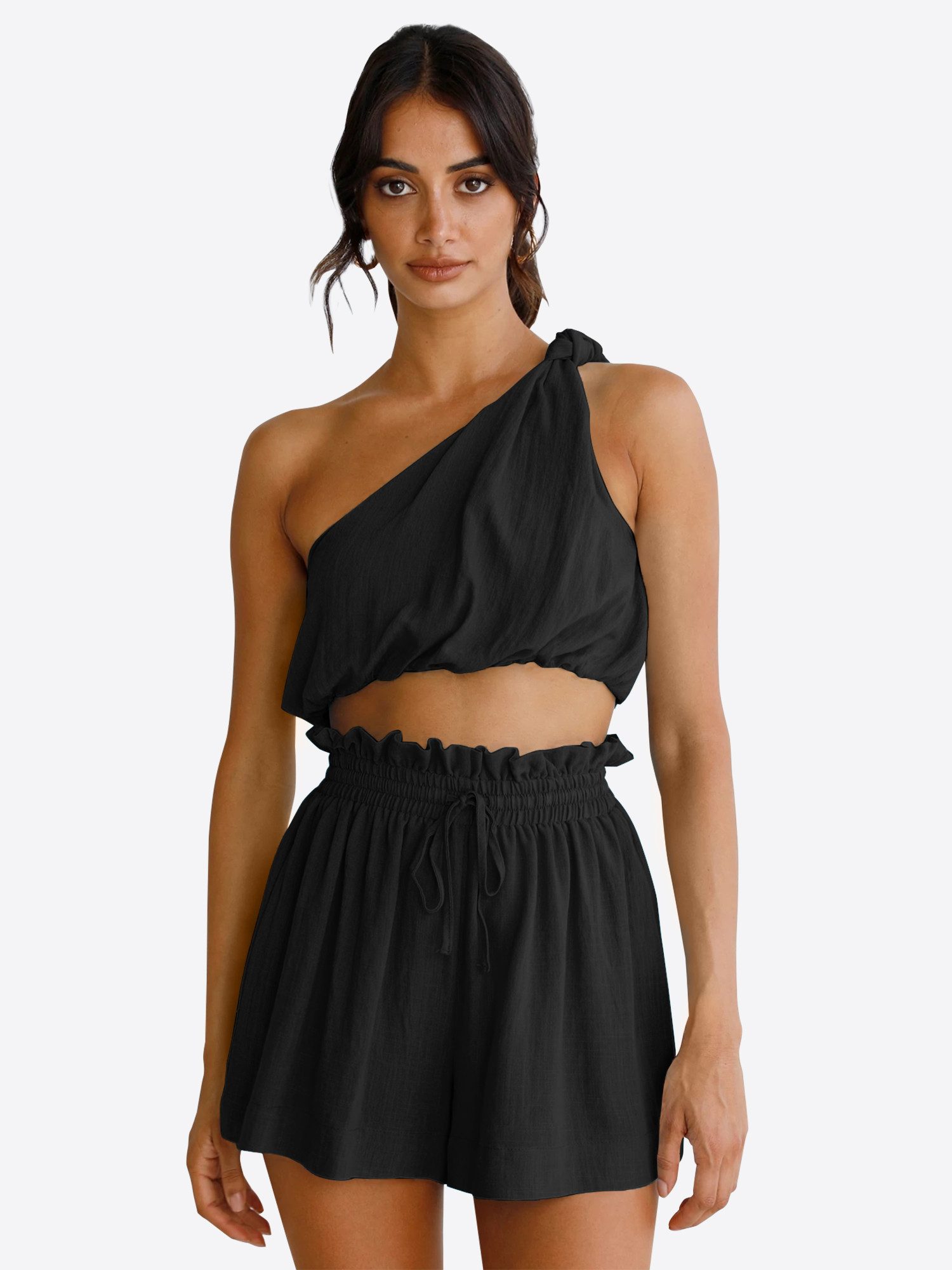 Imily Bela Hausanzug Damen 2-teiliges Sommer Set (Set, 2 tlg., One-Shoulder Crop Top + Shorts) One-Shoulder – Bild 4 von 5